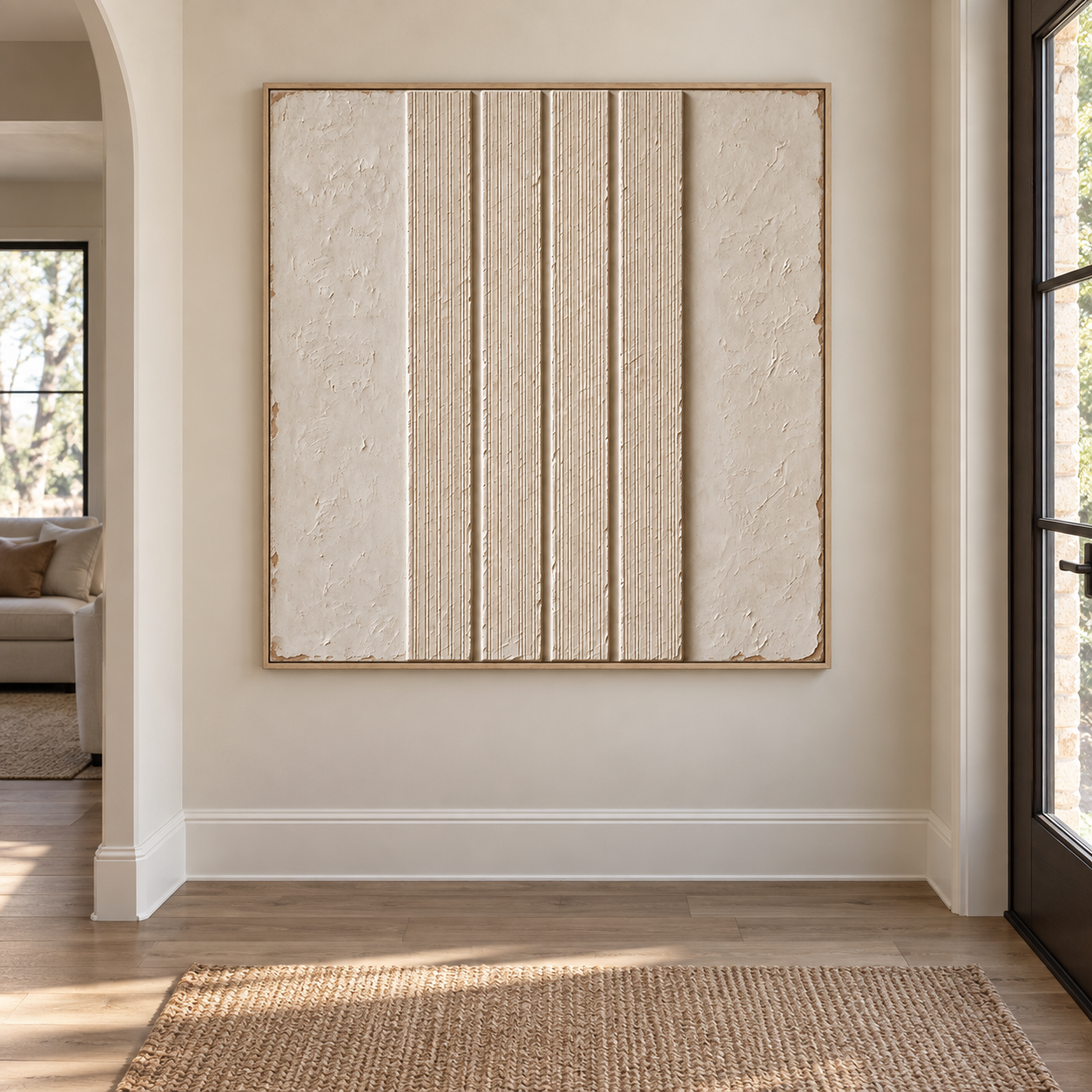 Fine sand-colored vertical lines between broad mottled ivory areas, shown in a room setting