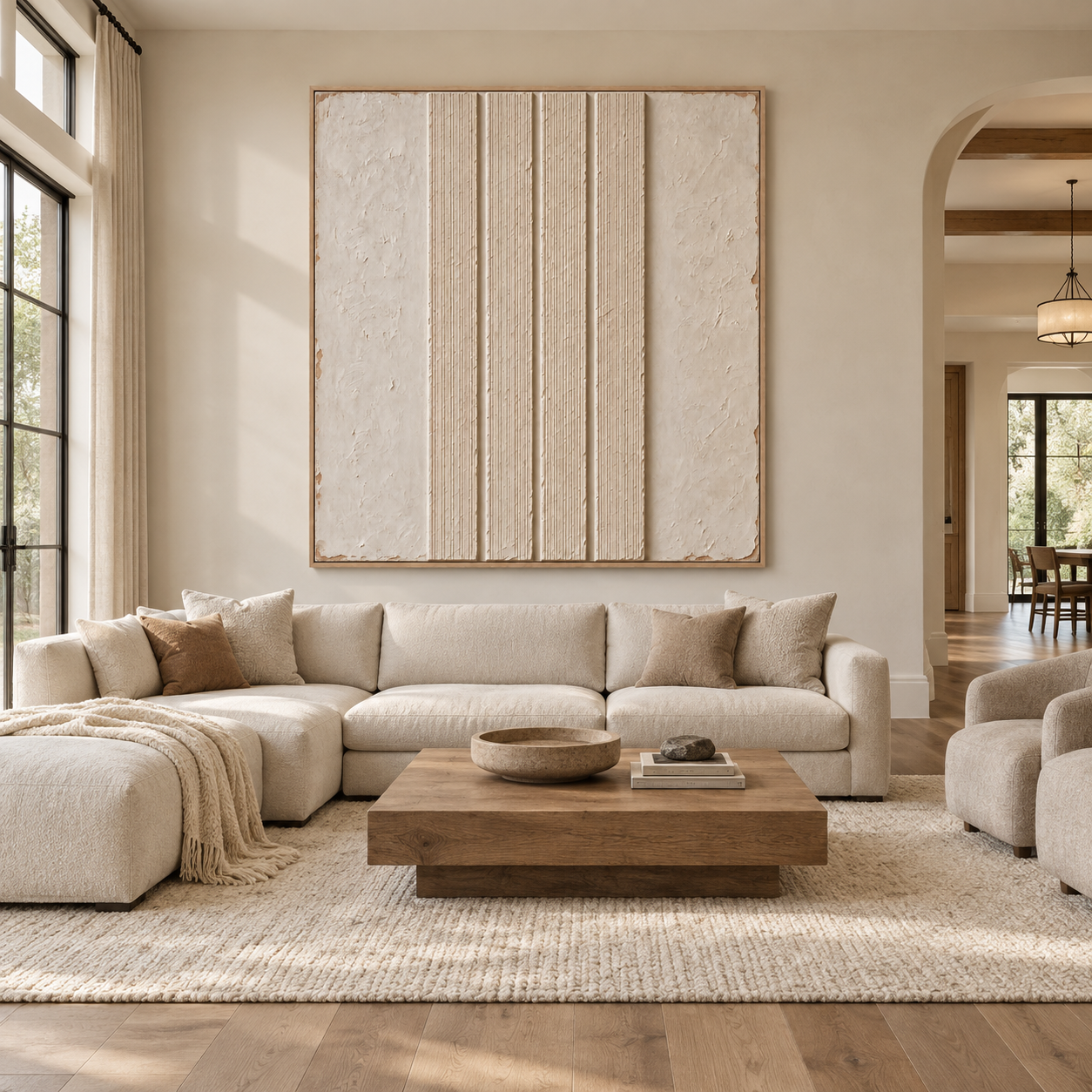Fine sand-colored vertical lines between broad mottled ivory areas, shown in a room setting