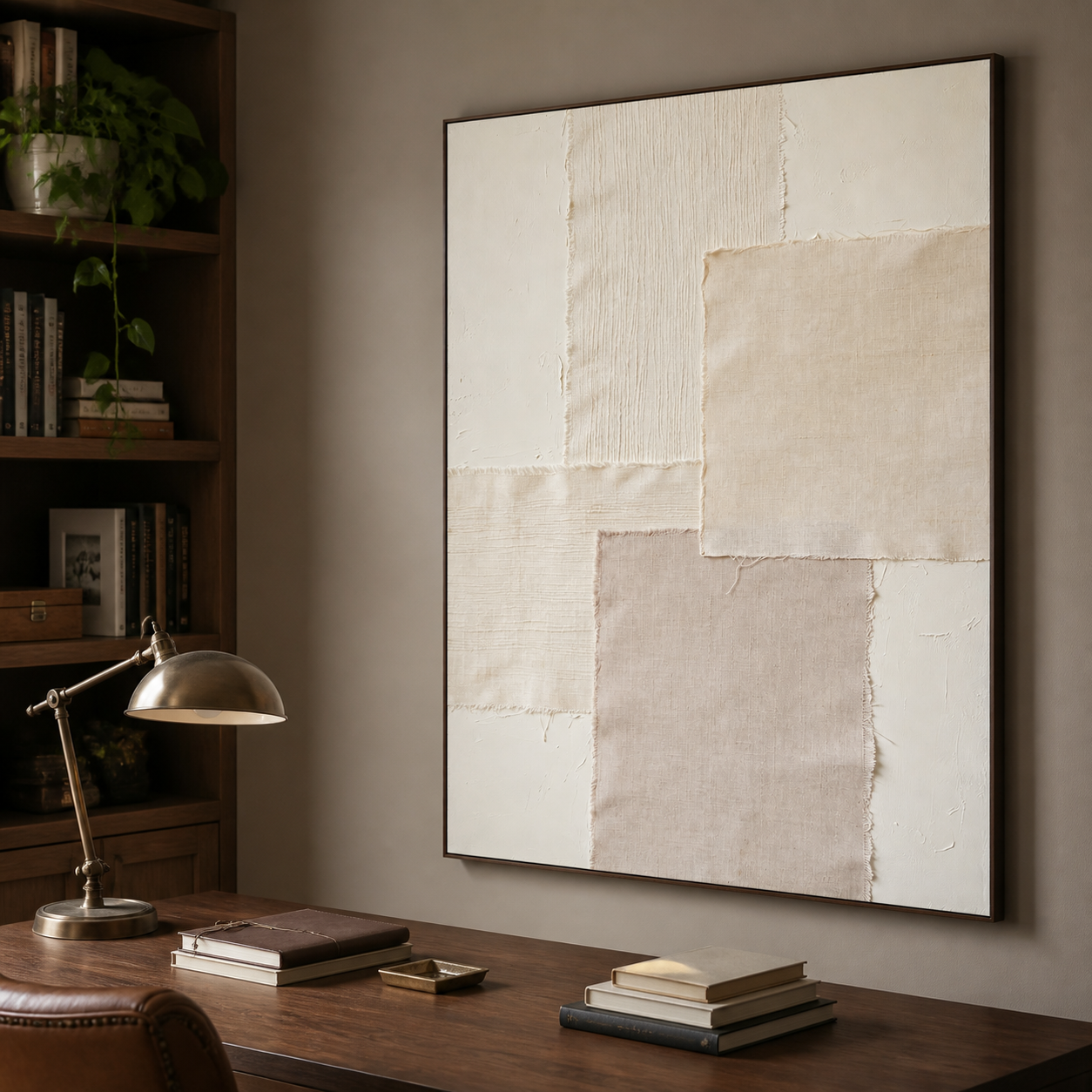 Stacked ivory, sand, and taupe rectangular fields with fine vertical lines, shown in a room setting