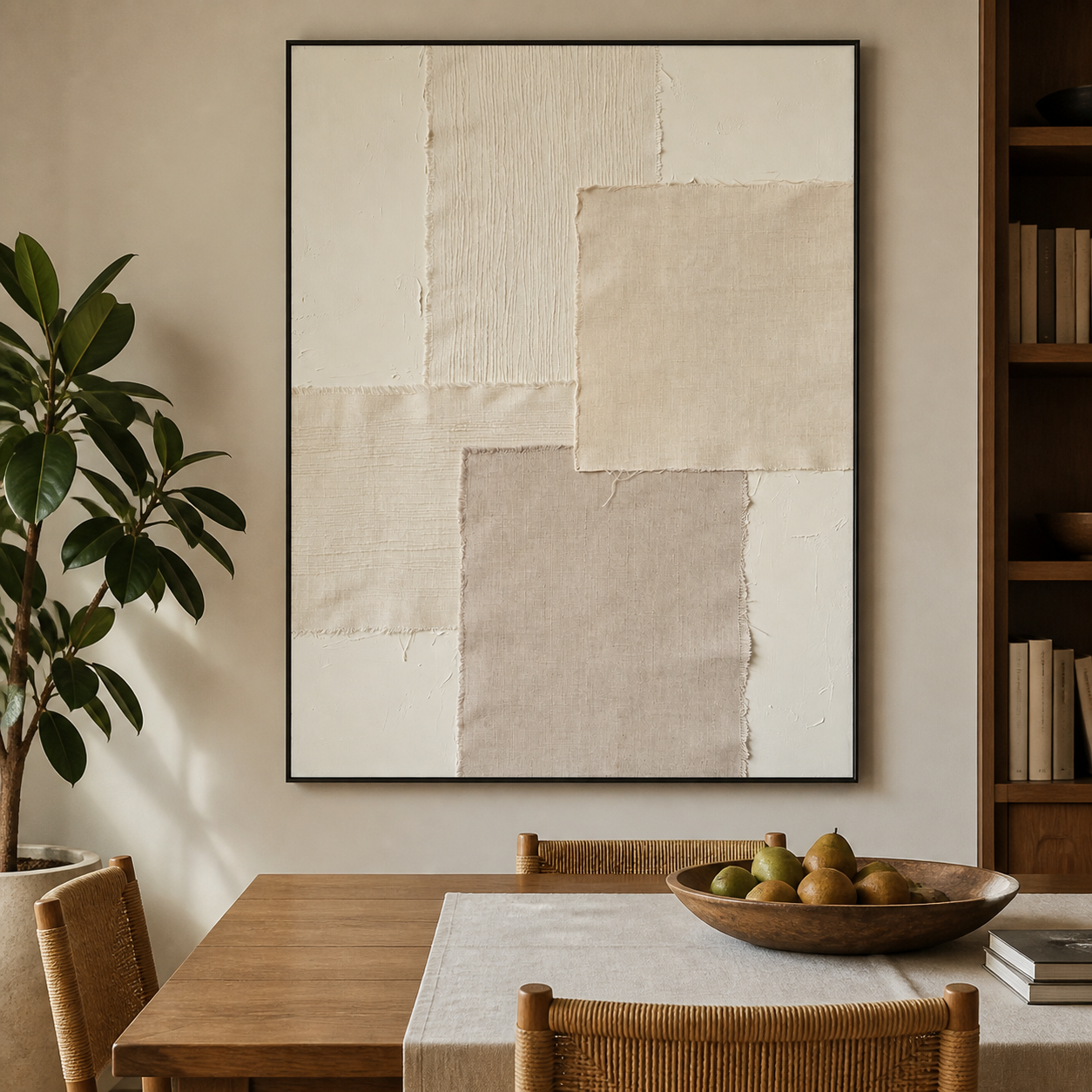 Stacked ivory, sand, and taupe rectangular fields with fine vertical lines, shown in a room setting