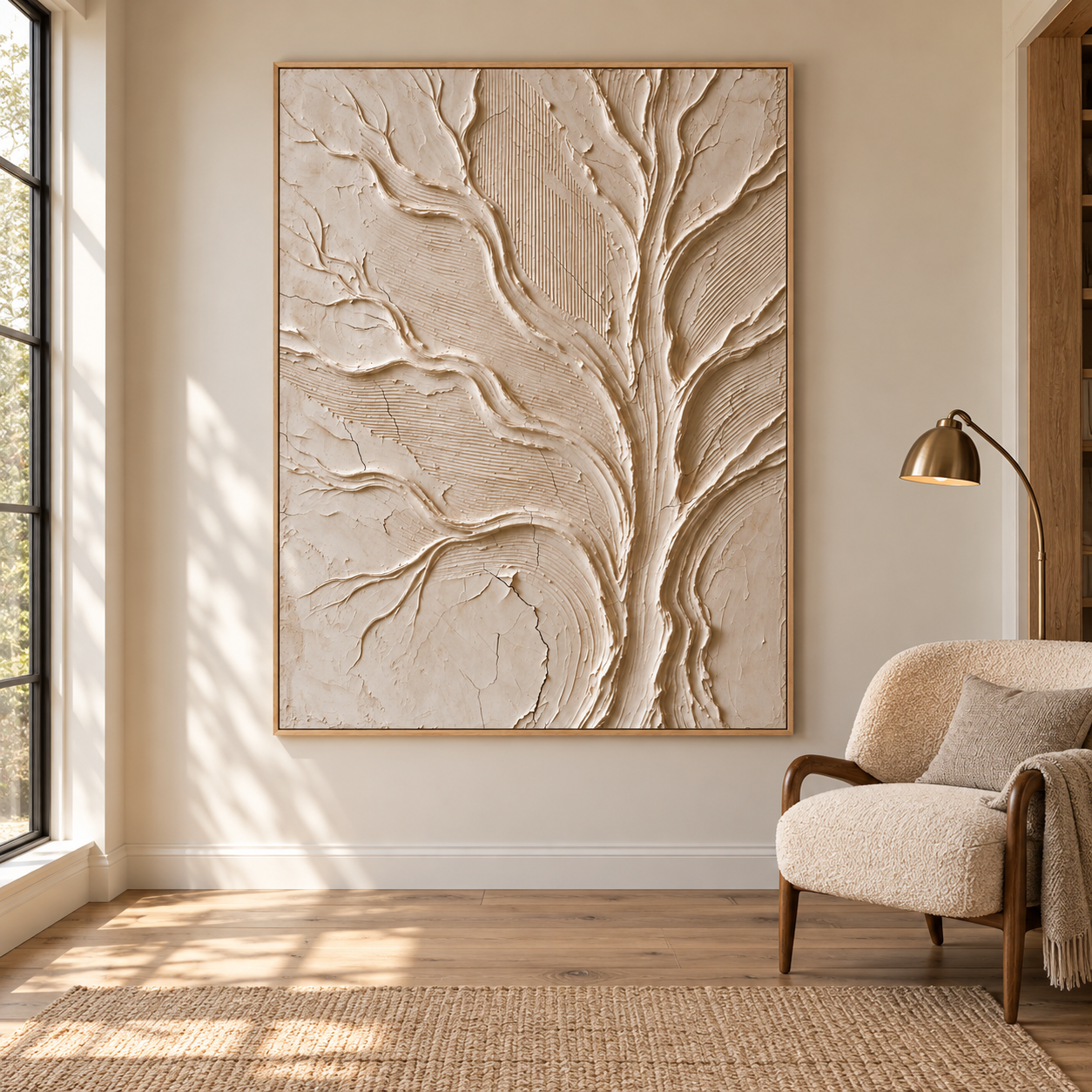 Ivory tree-like branching lines over a beige field with fine parallel marks, shown in a room setting