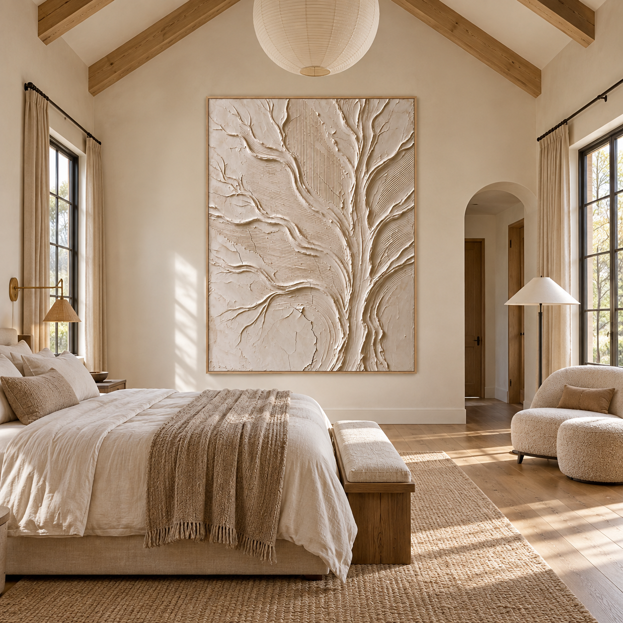 Ivory tree-like branching lines over a beige field with fine parallel marks, shown in a room setting