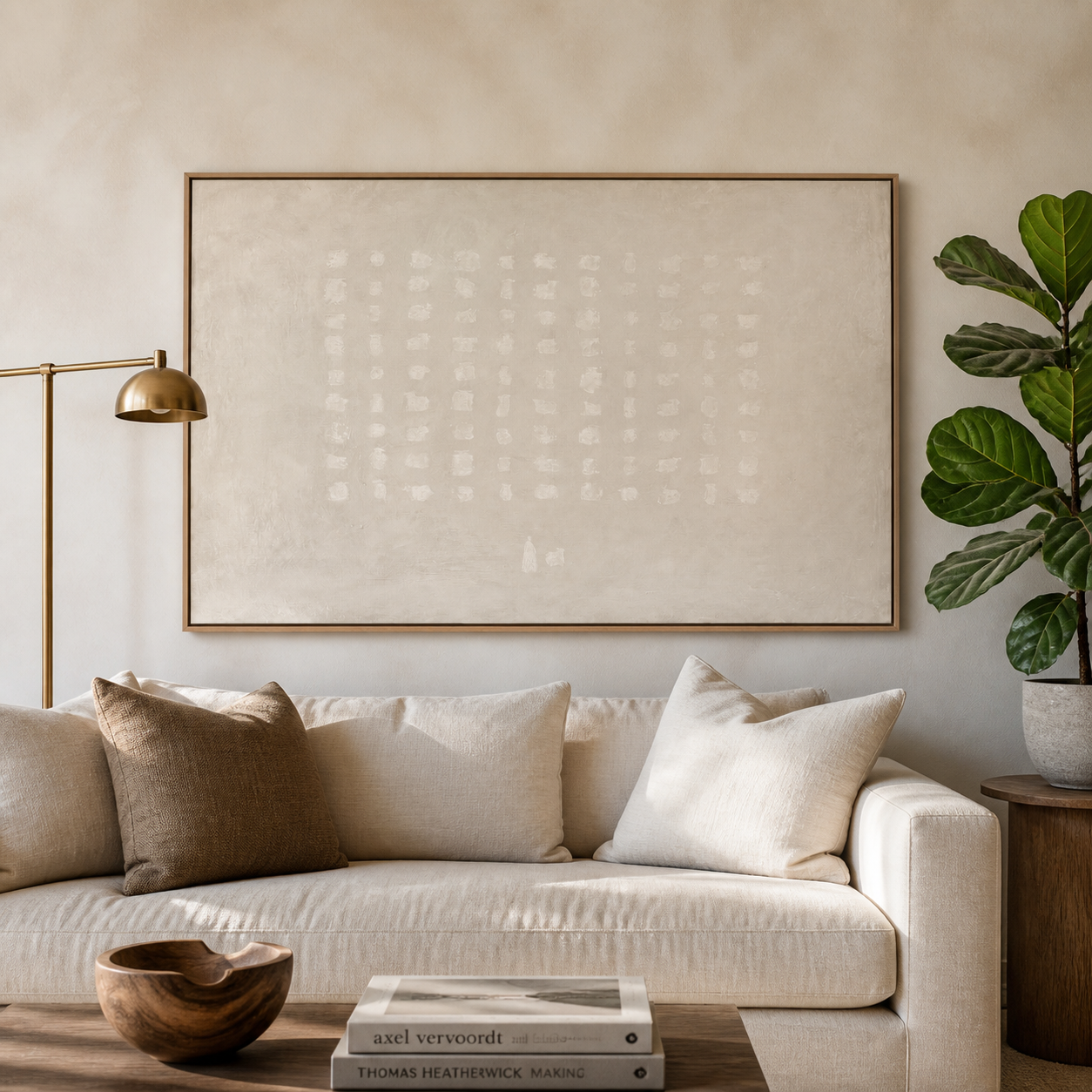 Rows of small ivory brush marks forming a loose grid on a warm beige abstract background, shown in a room setting