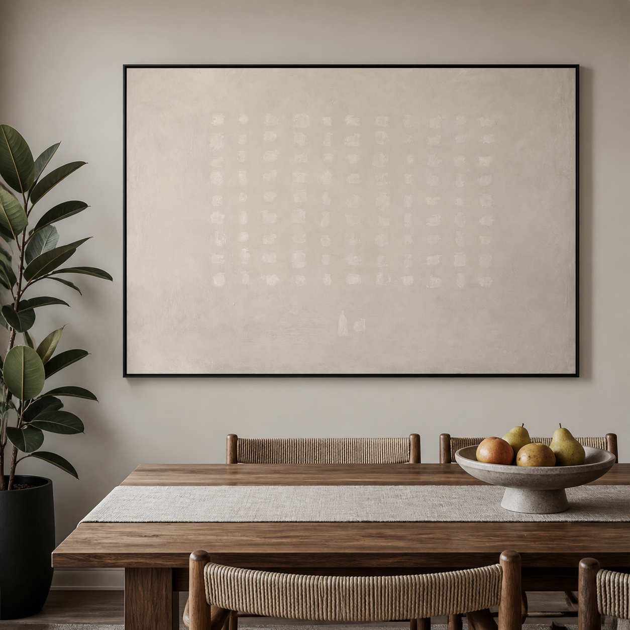 Rows of small ivory brush marks forming a loose grid on a warm beige abstract background, shown in a room setting