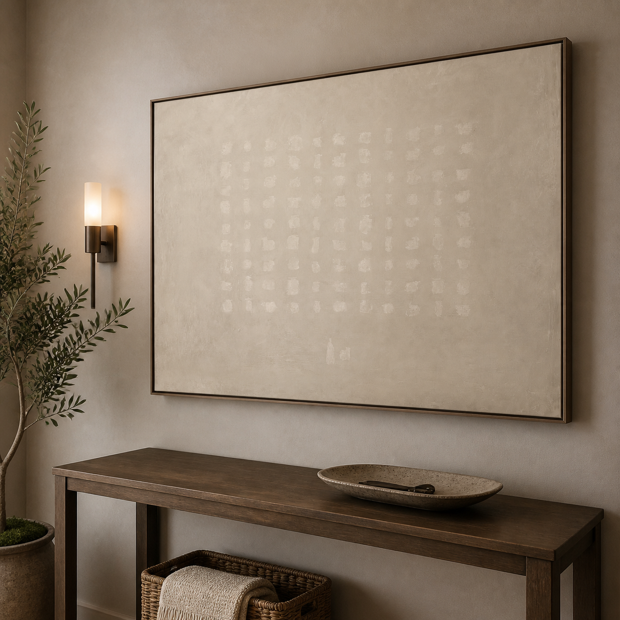 Rows of small ivory brush marks forming a loose grid on a warm beige abstract background, shown in a room setting