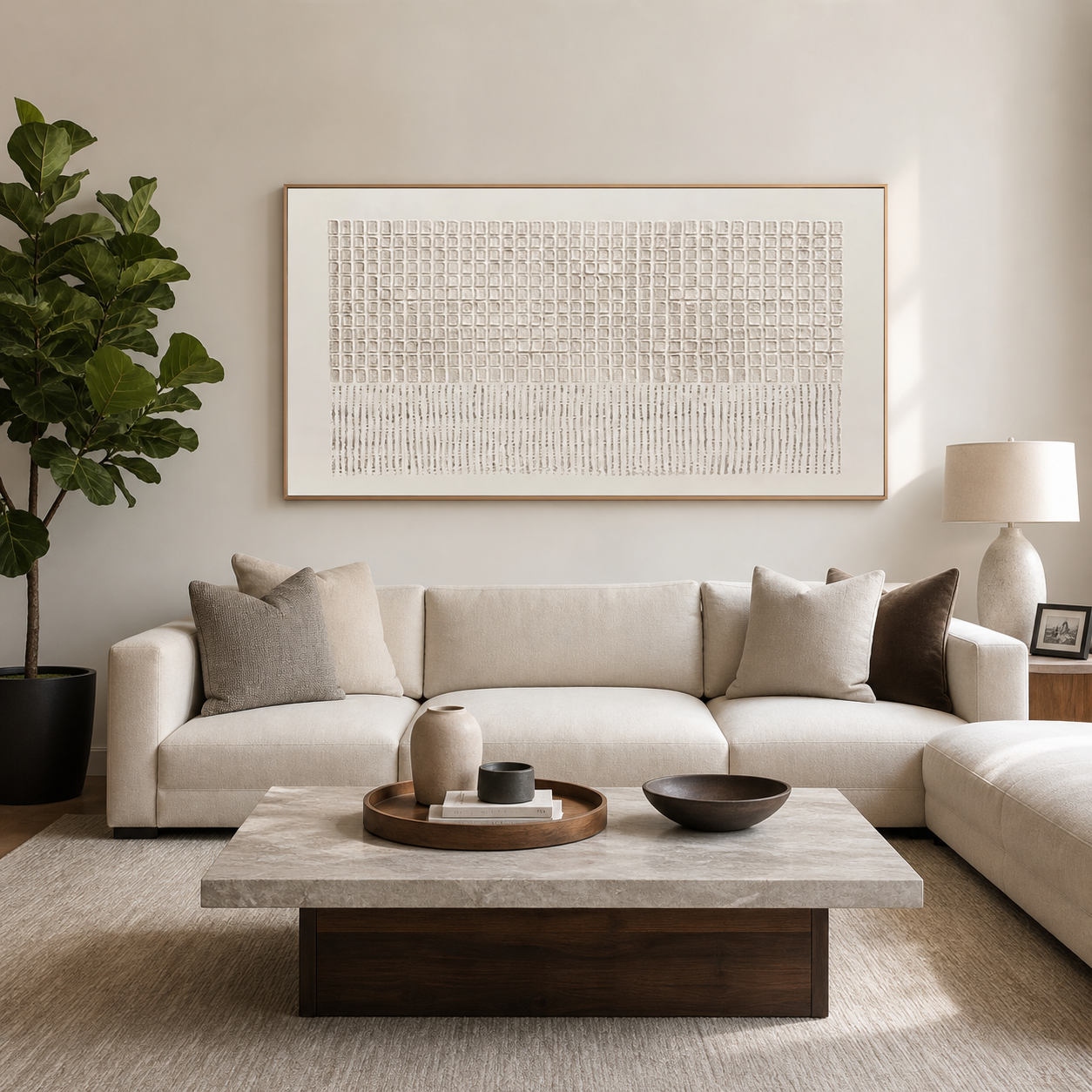 Ivory and beige abstract grid transitioning into fine vertical lines, shown in a room setting