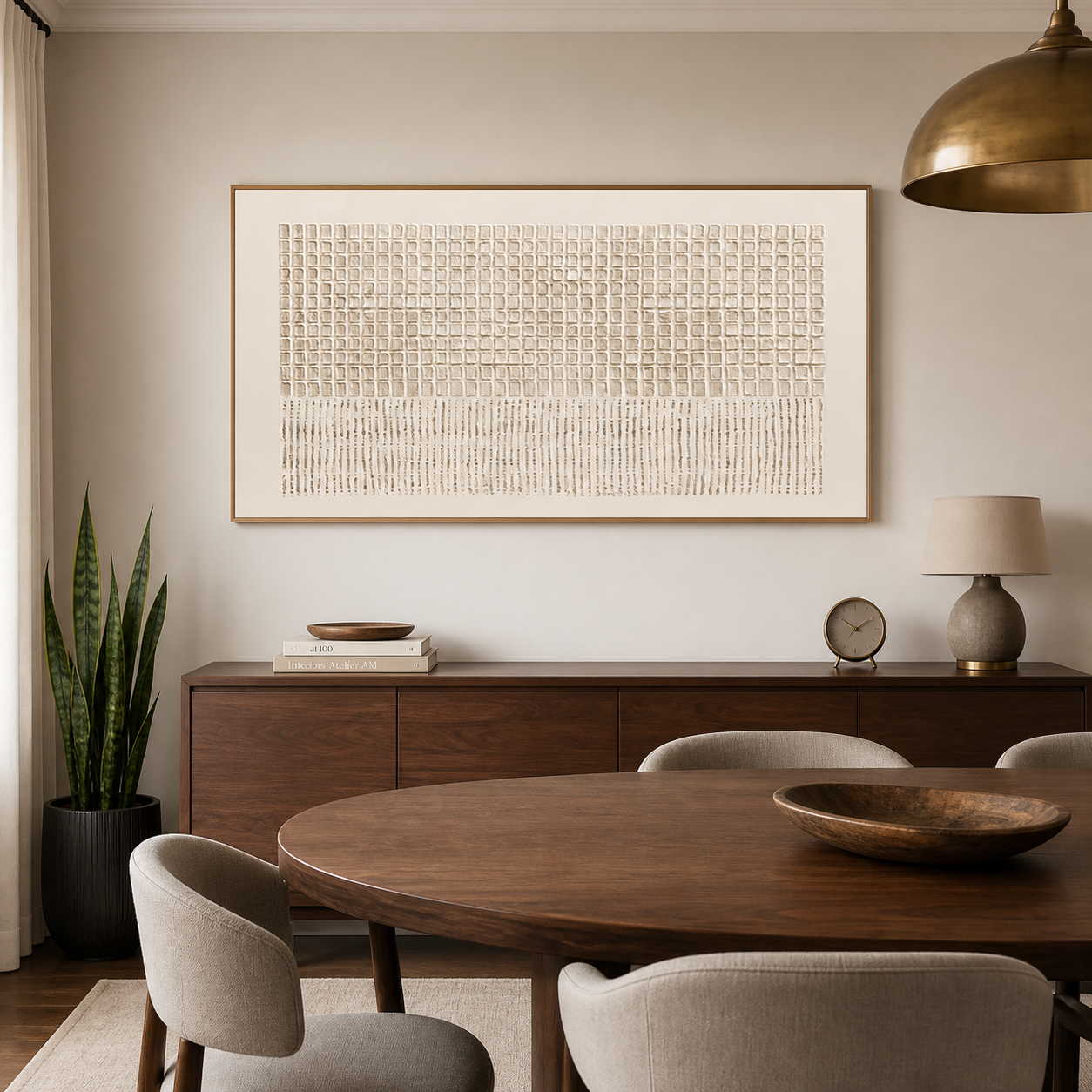 Ivory and beige abstract grid transitioning into fine vertical lines, shown in a room setting
