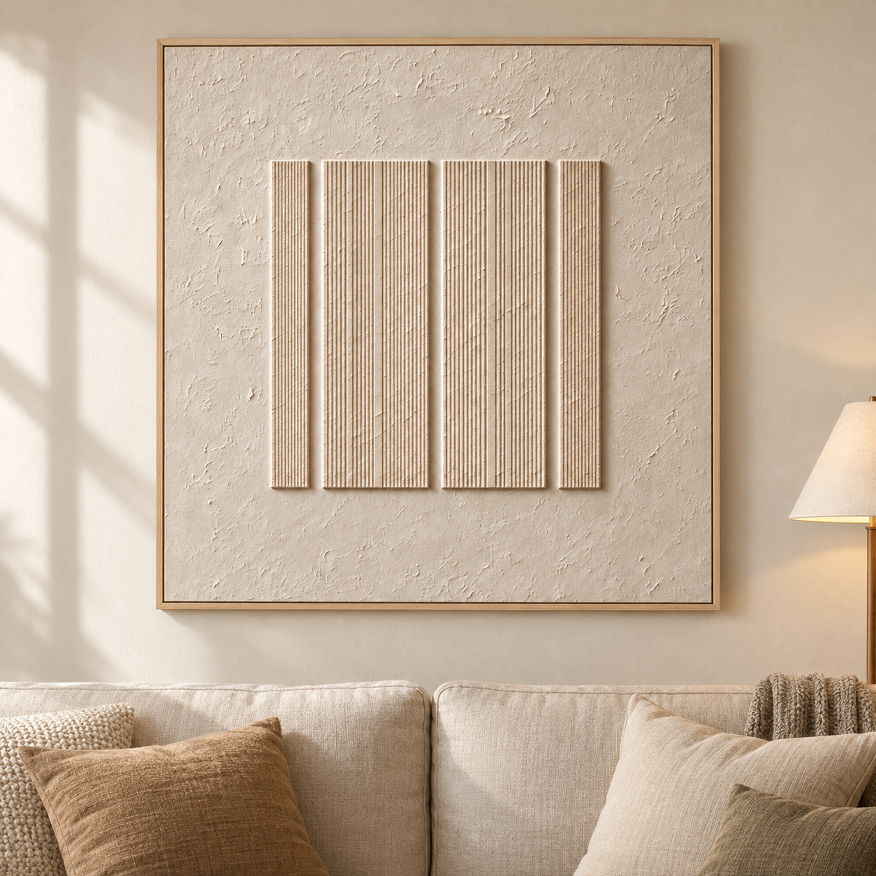 Four ivory rectangular forms filled with fine vertical lines in a square abstract composition, shown in a room setting