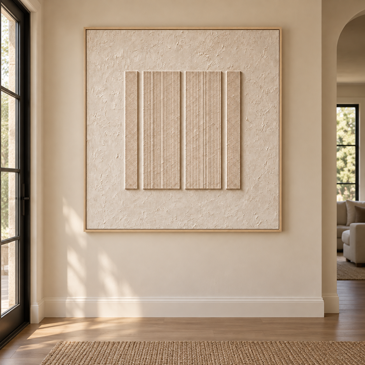 Four ivory rectangular forms filled with fine vertical lines in a square abstract composition, shown in a room setting