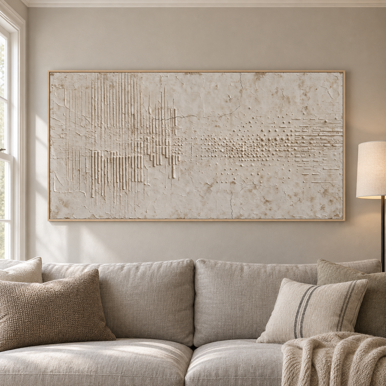 Pale ivory abstract with fine vertical lines, scattered dashes, and weathered-looking beige layers, shown in a room setting