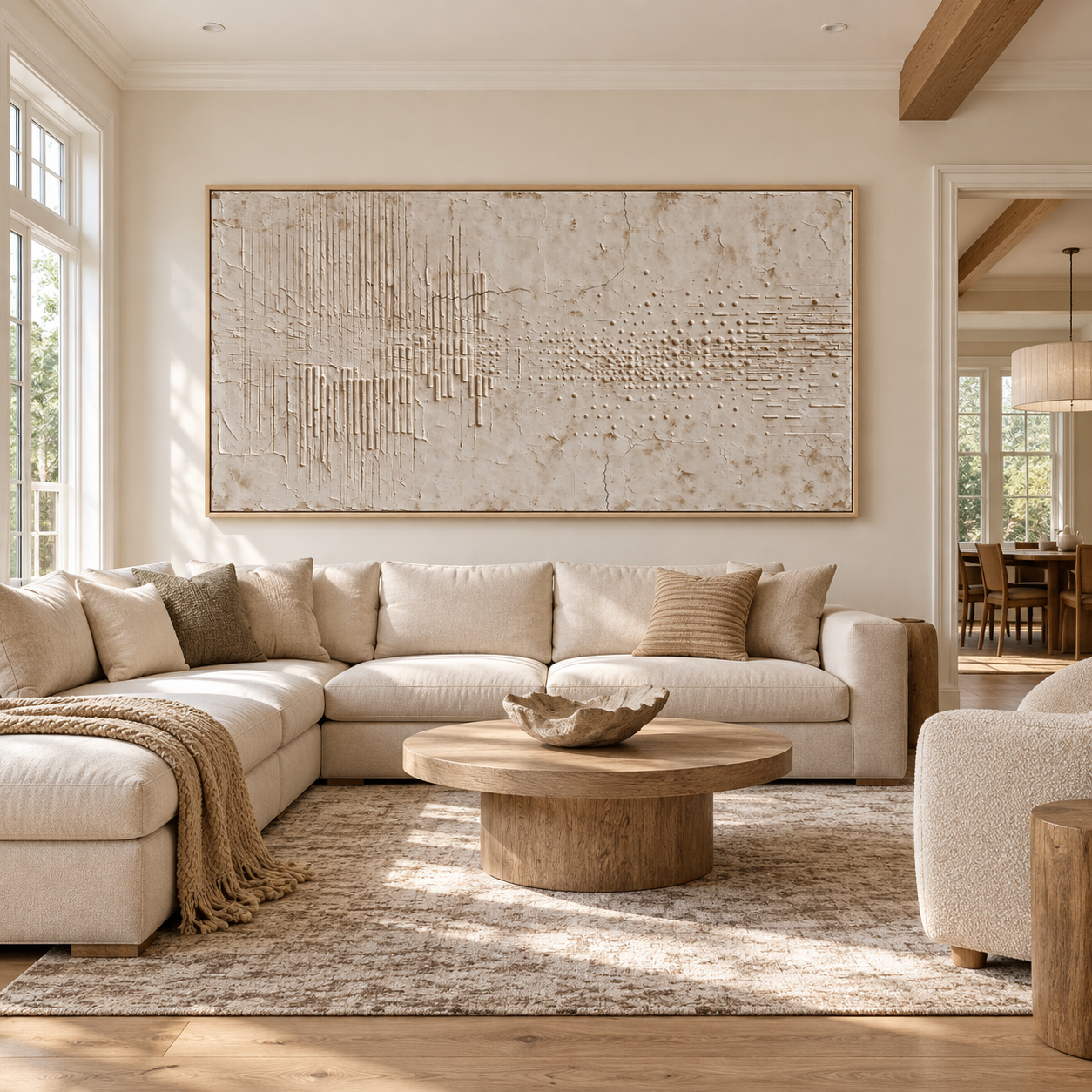 Pale ivory abstract with fine vertical lines, scattered dashes, and weathered-looking beige layers, shown in a room setting