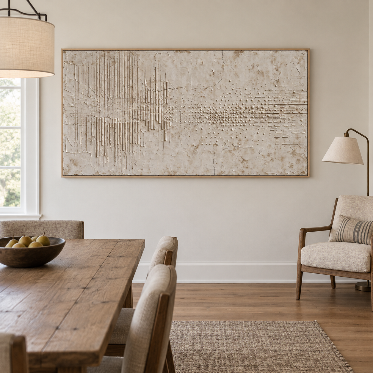 Pale ivory abstract with fine vertical lines, scattered dashes, and weathered-looking beige layers, shown in a room setting