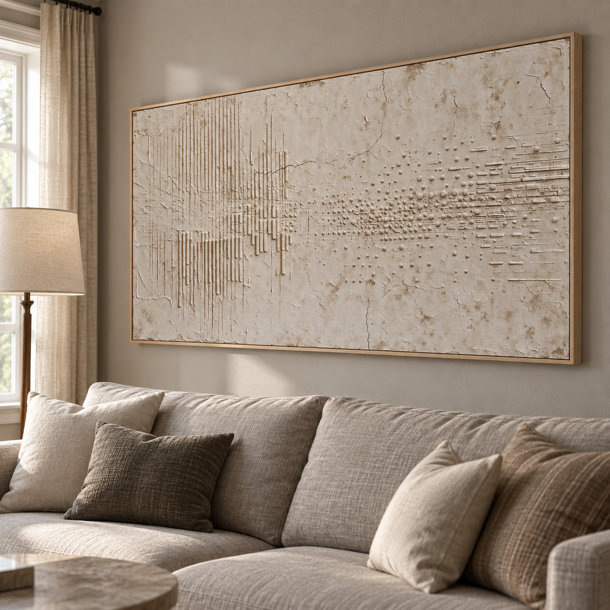 Pale ivory abstract with fine vertical lines, scattered dashes, and weathered-looking beige layers, shown in a room setting