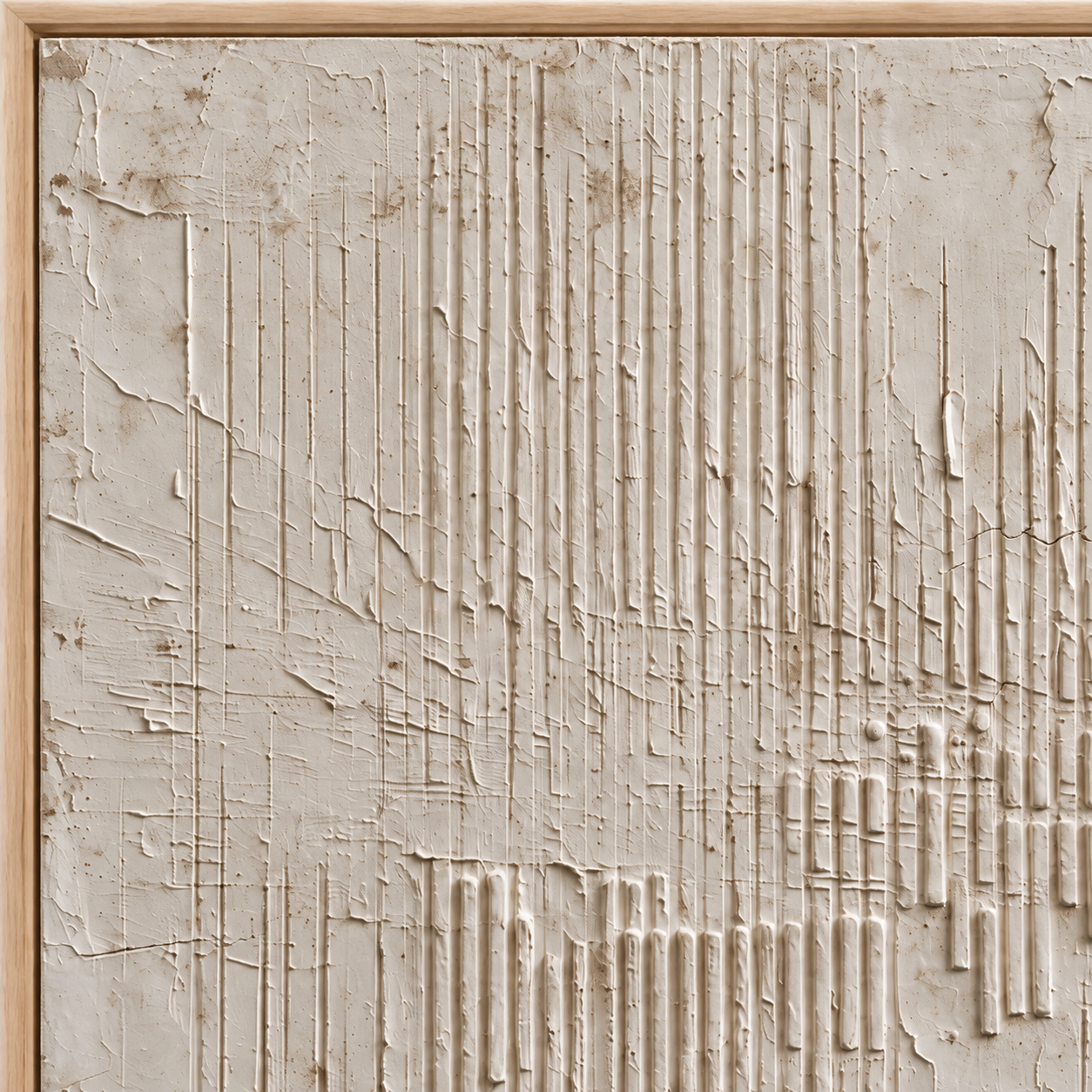 Pale ivory abstract with fine vertical lines, scattered dashes, and weathered-looking beige layers, close-up detail