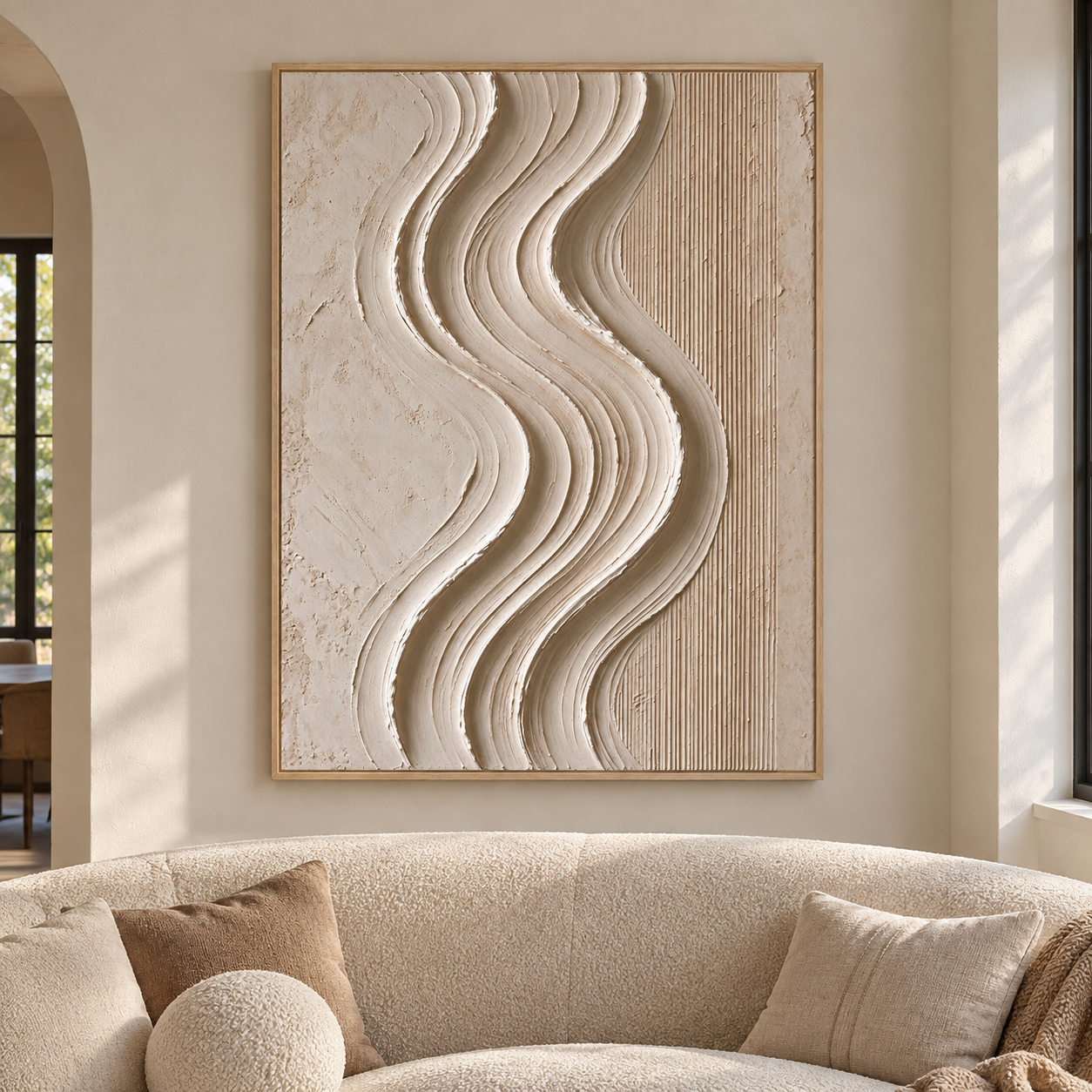 Flowing ivory S-shaped curves beside fine vertical lines on a beige field, shown in a room setting