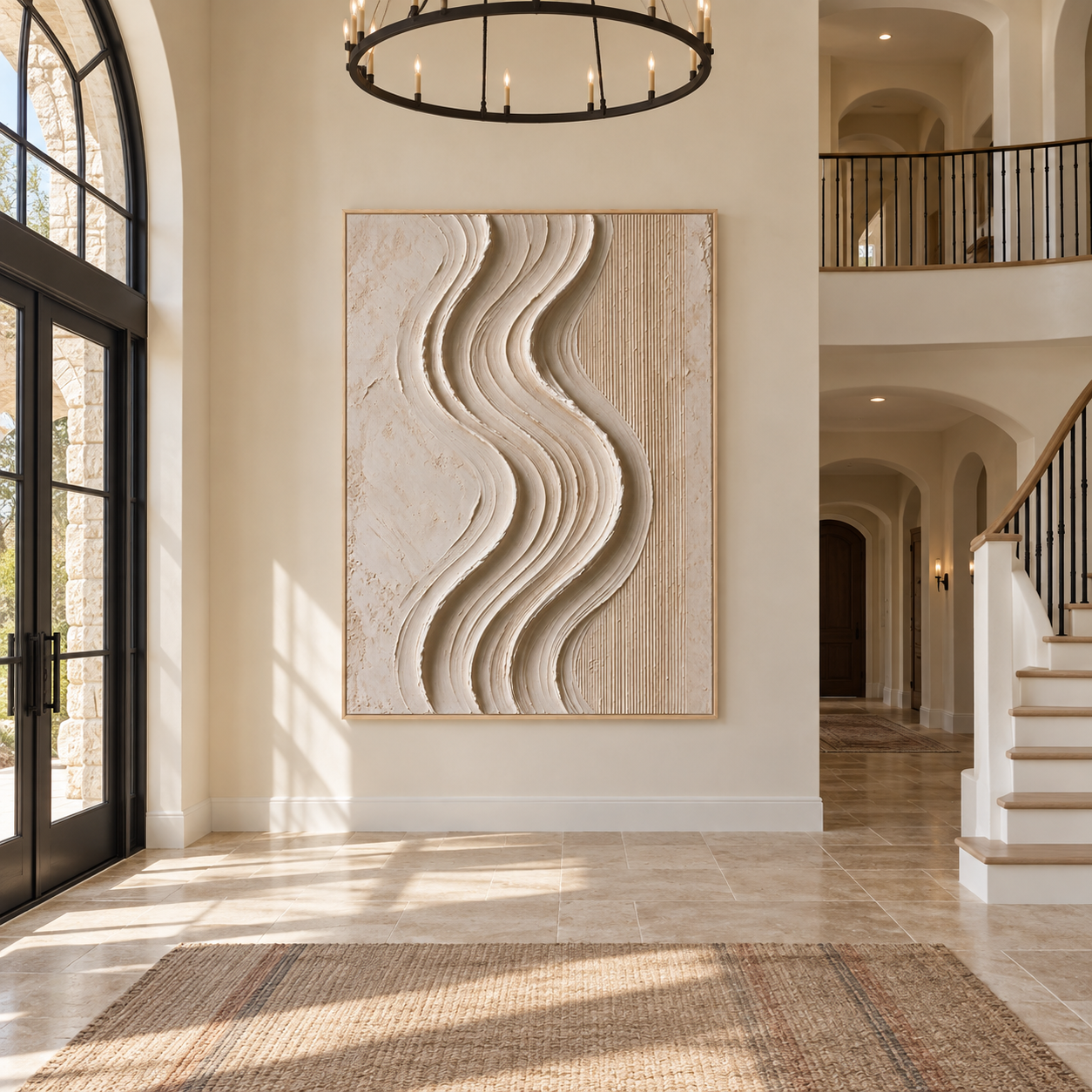 Flowing ivory S-shaped curves beside fine vertical lines on a beige field, shown in a room setting
