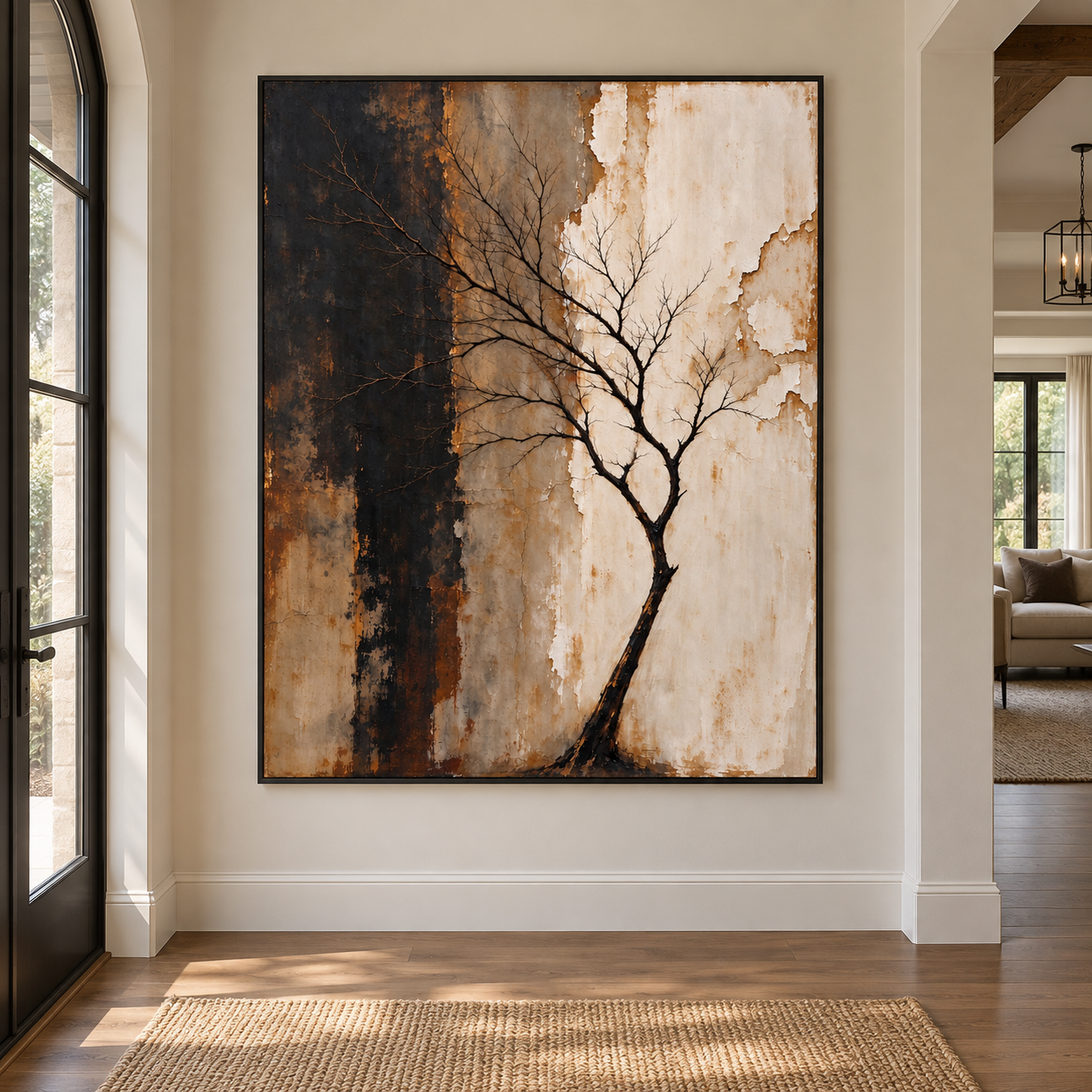 Leaning black bare tree across ochre and ivory beside a broad charcoal field, shown in a room setting
