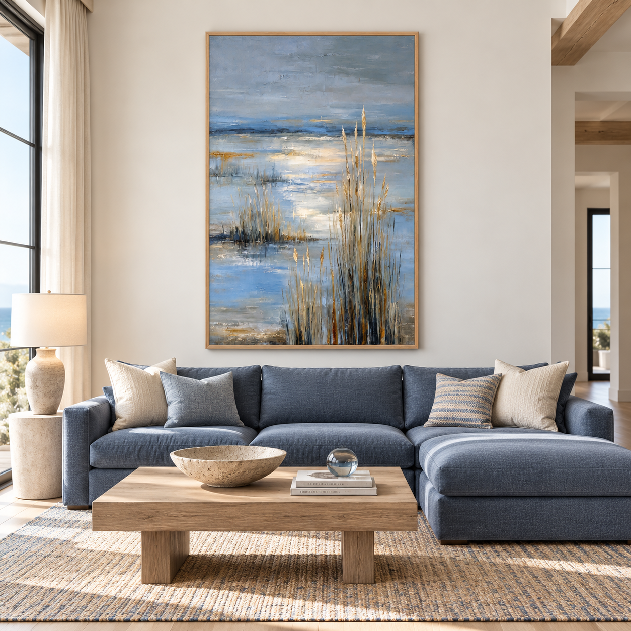 Golden reeds beside blue water with pale reflected light under a slate-blue sky, displayed in a room setting
