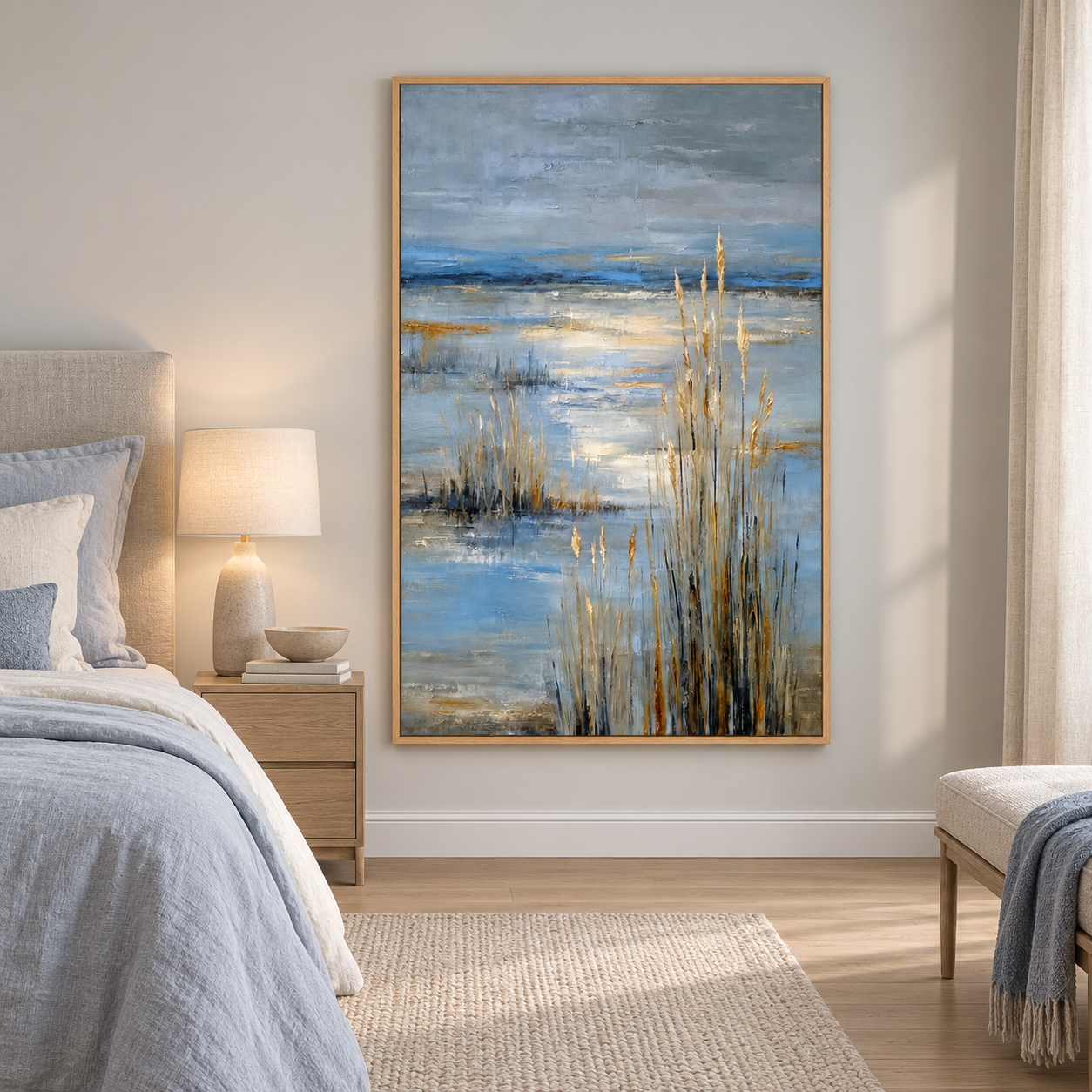 Golden reeds beside blue water with pale reflected light under a slate-blue sky, displayed in a room setting