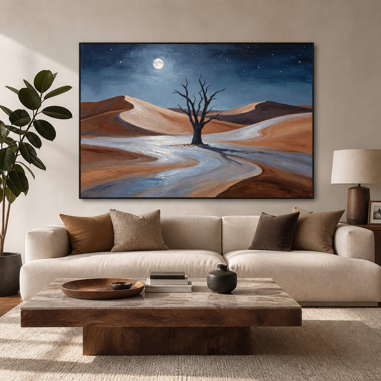 Bare tree among rust-colored desert dunes beneath a blue sky and bright moon, shown in a room setting