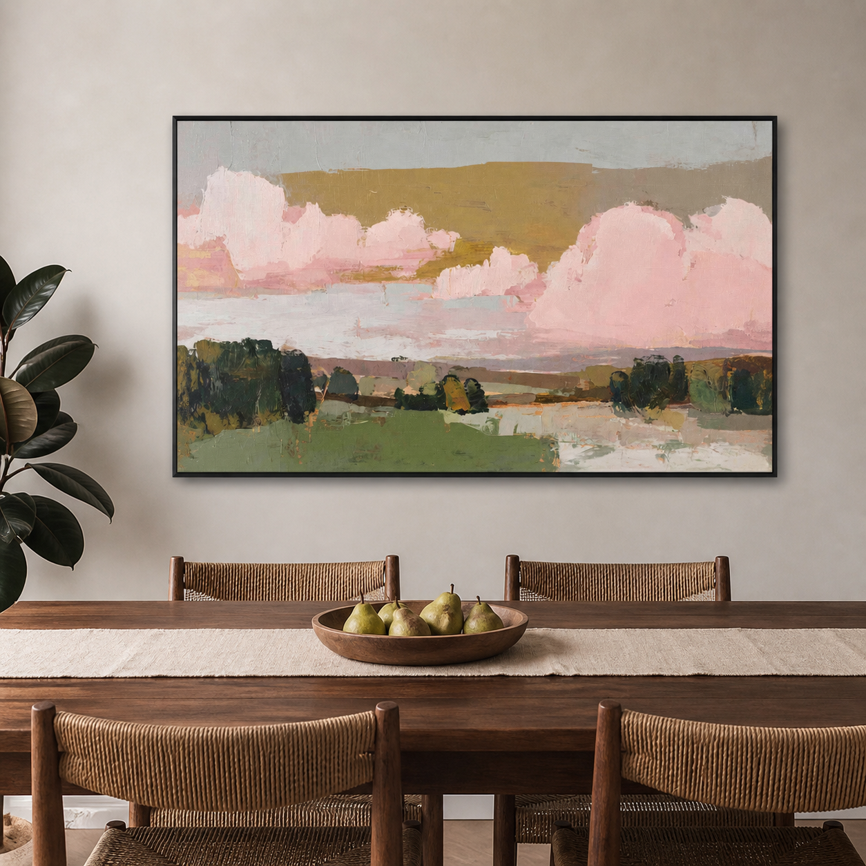 Large pink clouds above green fields and dark trees under a muted ochre sky, shown in a room setting