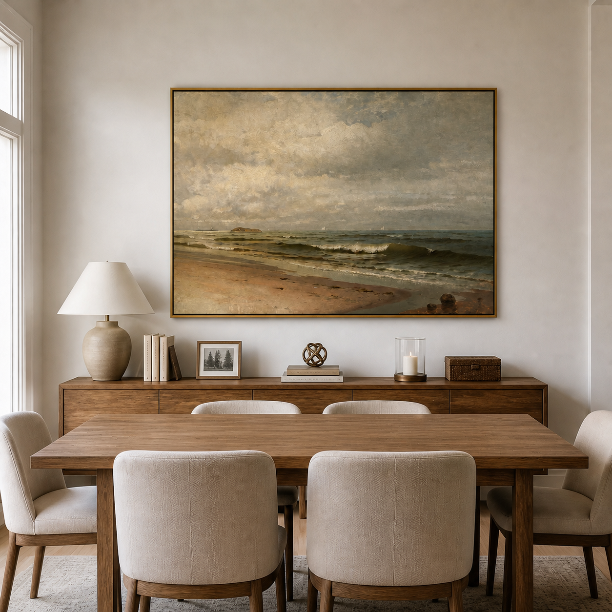 Olive-gray ocean waves rolling onto a sandy beach under a broad cloudy sky, shown in a room setting