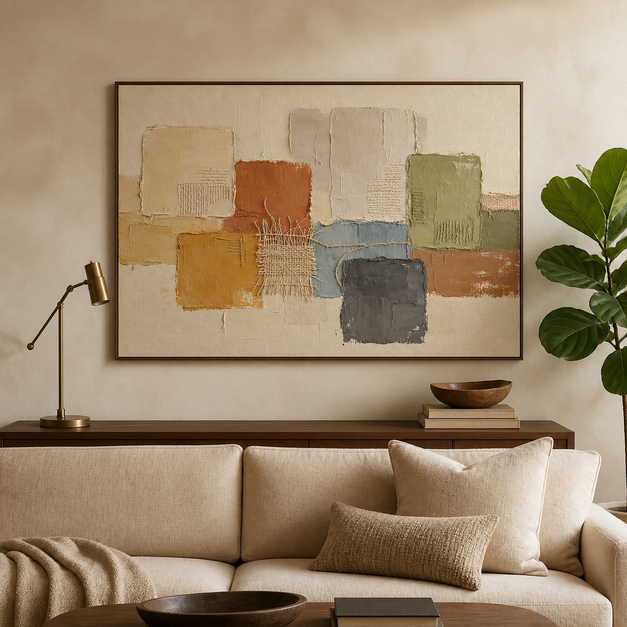 Overlapping rust, ochre, olive, slate blue, and charcoal blocks with fine crosshatched details, shown in a room setting