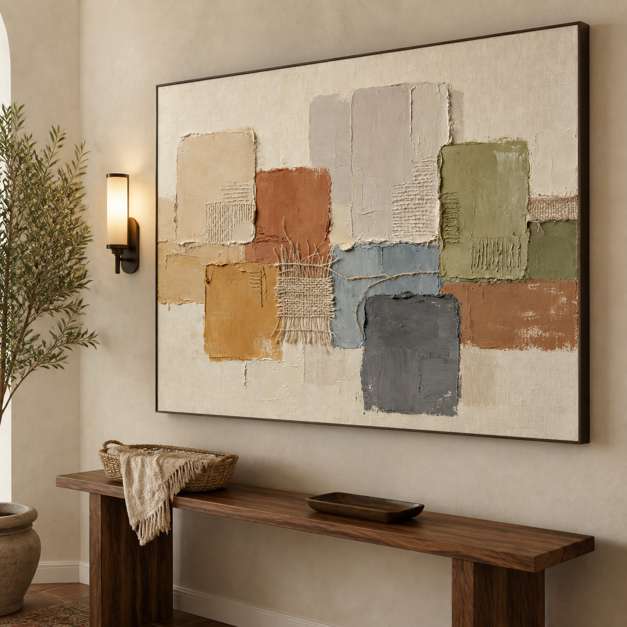 Overlapping rust, ochre, olive, slate blue, and charcoal blocks with fine crosshatched details, shown in a room setting