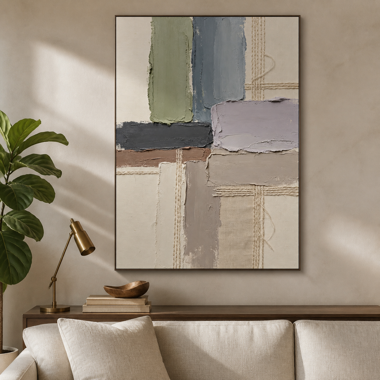 Sage, slate blue, lavender-gray, and taupe blocks with fine crosshatched lines, shown in a room setting