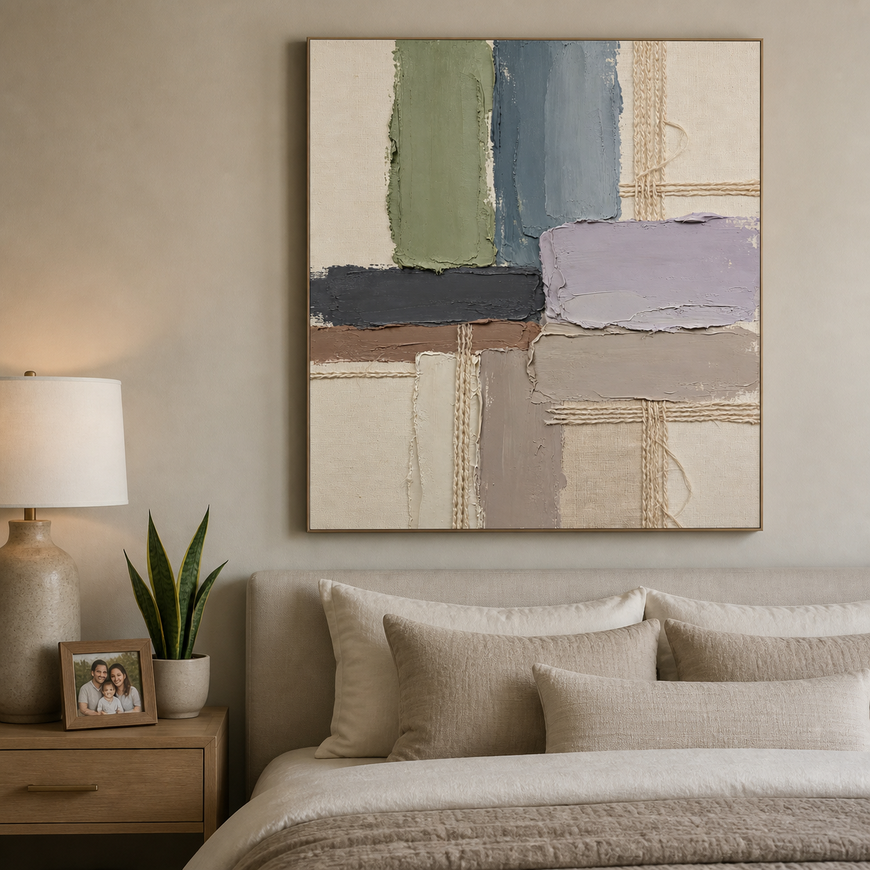 Sage, slate blue, lavender-gray, and taupe blocks with fine crosshatched lines, shown in a room setting
