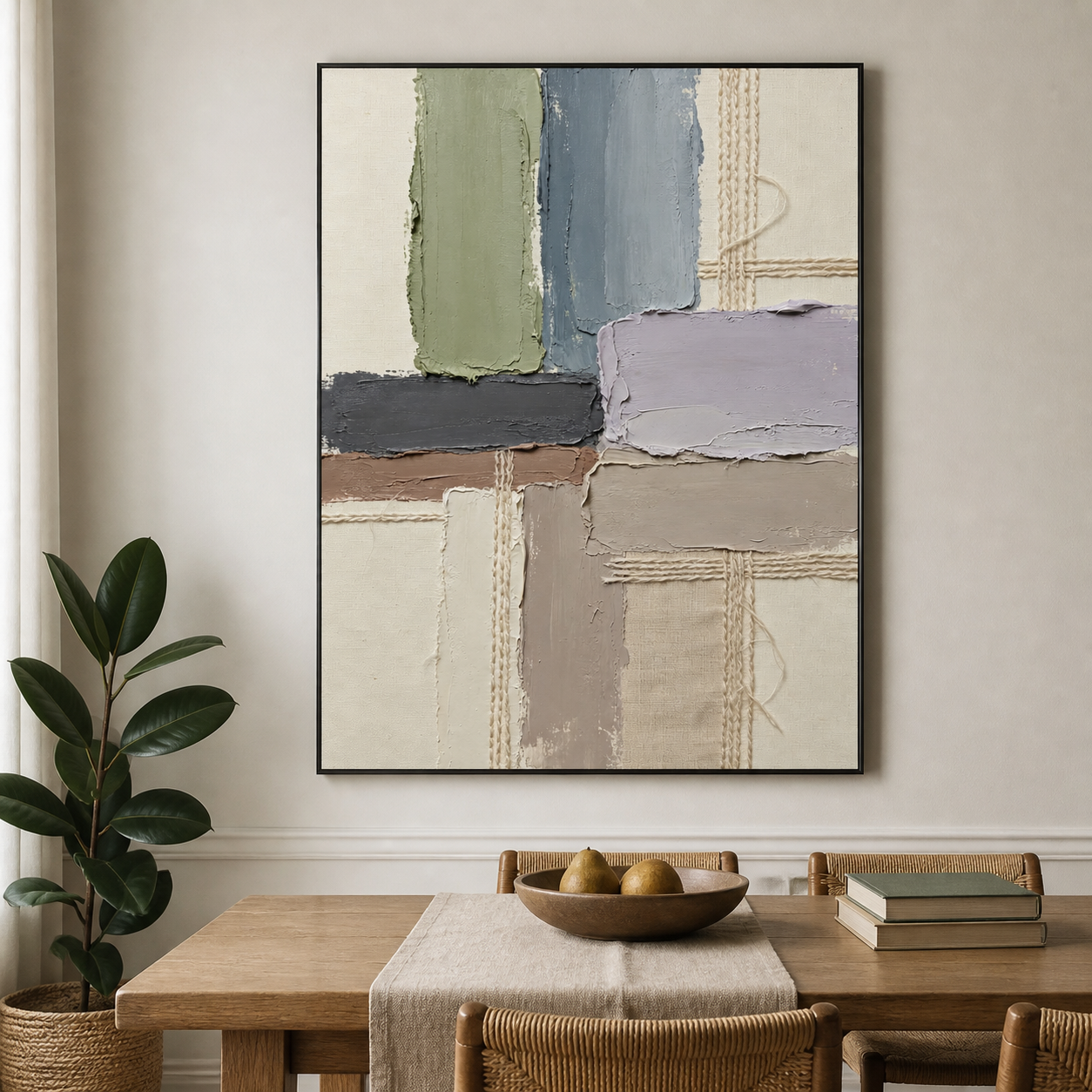Sage, slate blue, lavender-gray, and taupe blocks with fine crosshatched lines, shown in a room setting