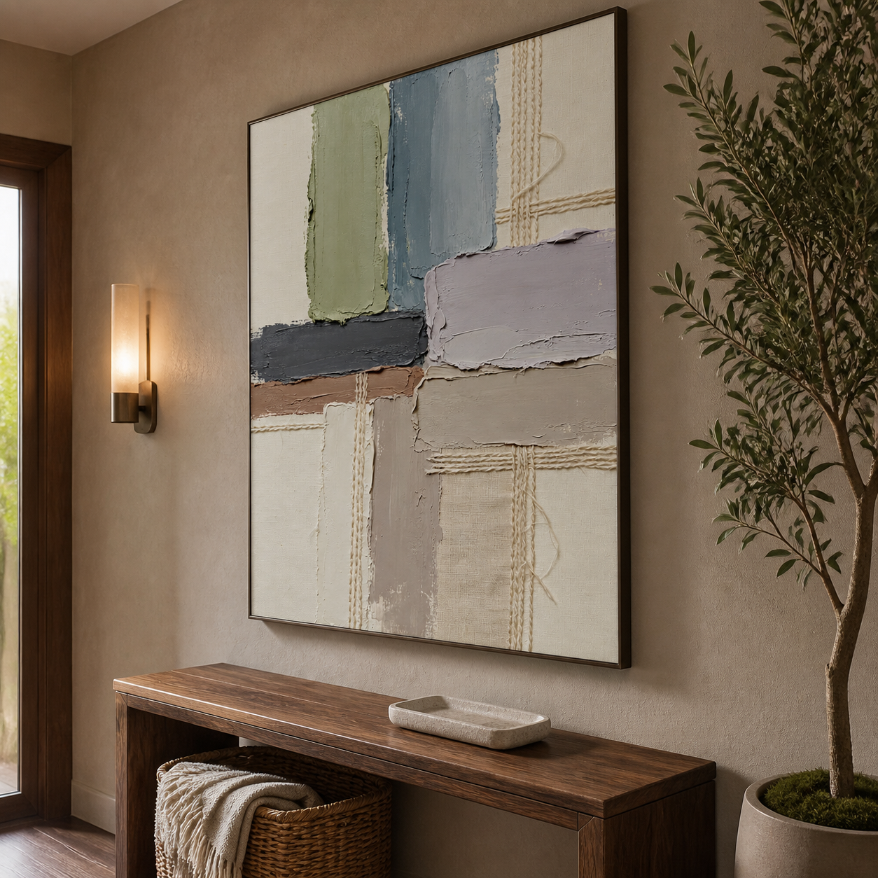 Sage, slate blue, lavender-gray, and taupe blocks with fine crosshatched lines, shown in a room setting