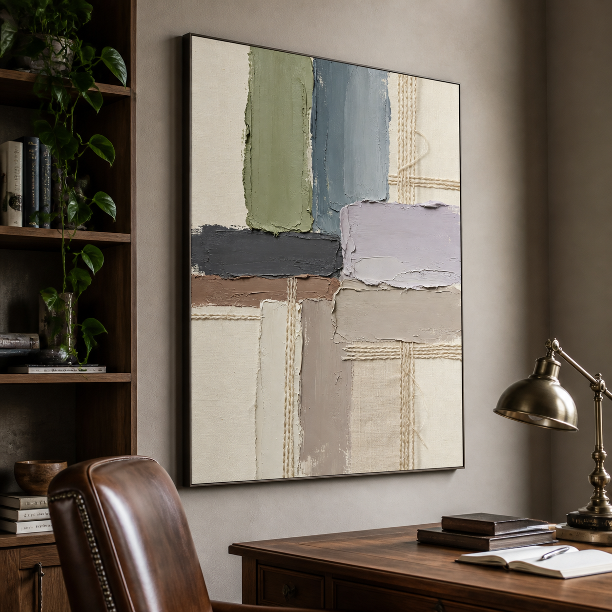 Sage, slate blue, lavender-gray, and taupe blocks with fine crosshatched lines, shown in a room setting