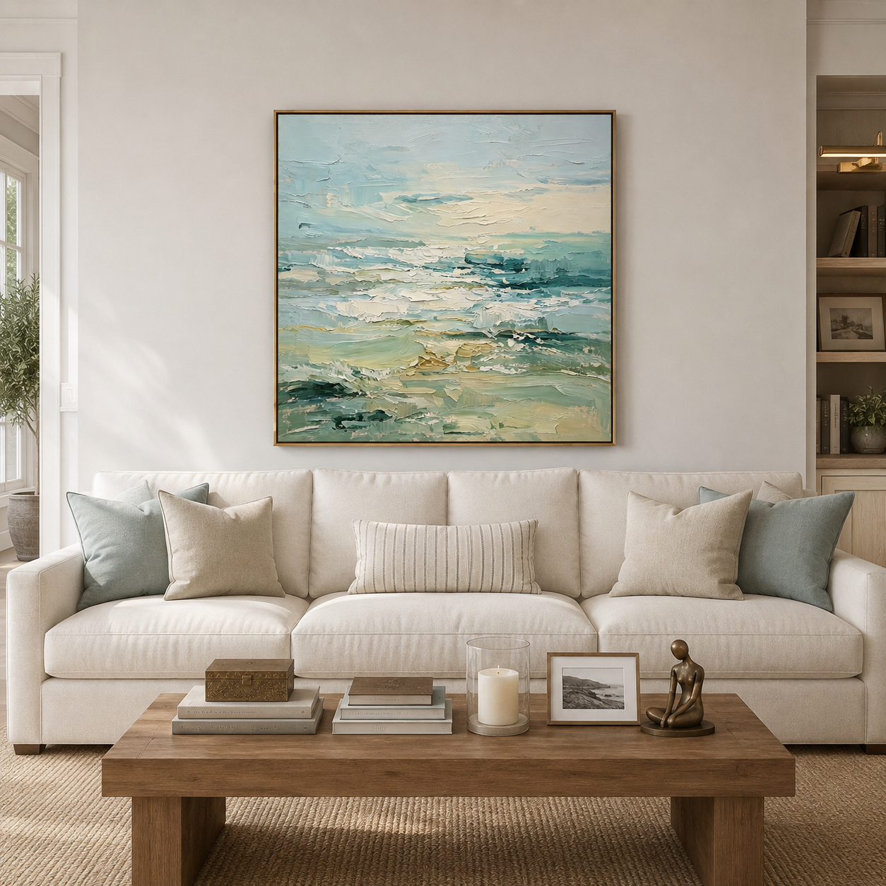 Square abstract landscape with layered sage green, cream, gray, and dark green brushstrokes, shown in a room setting