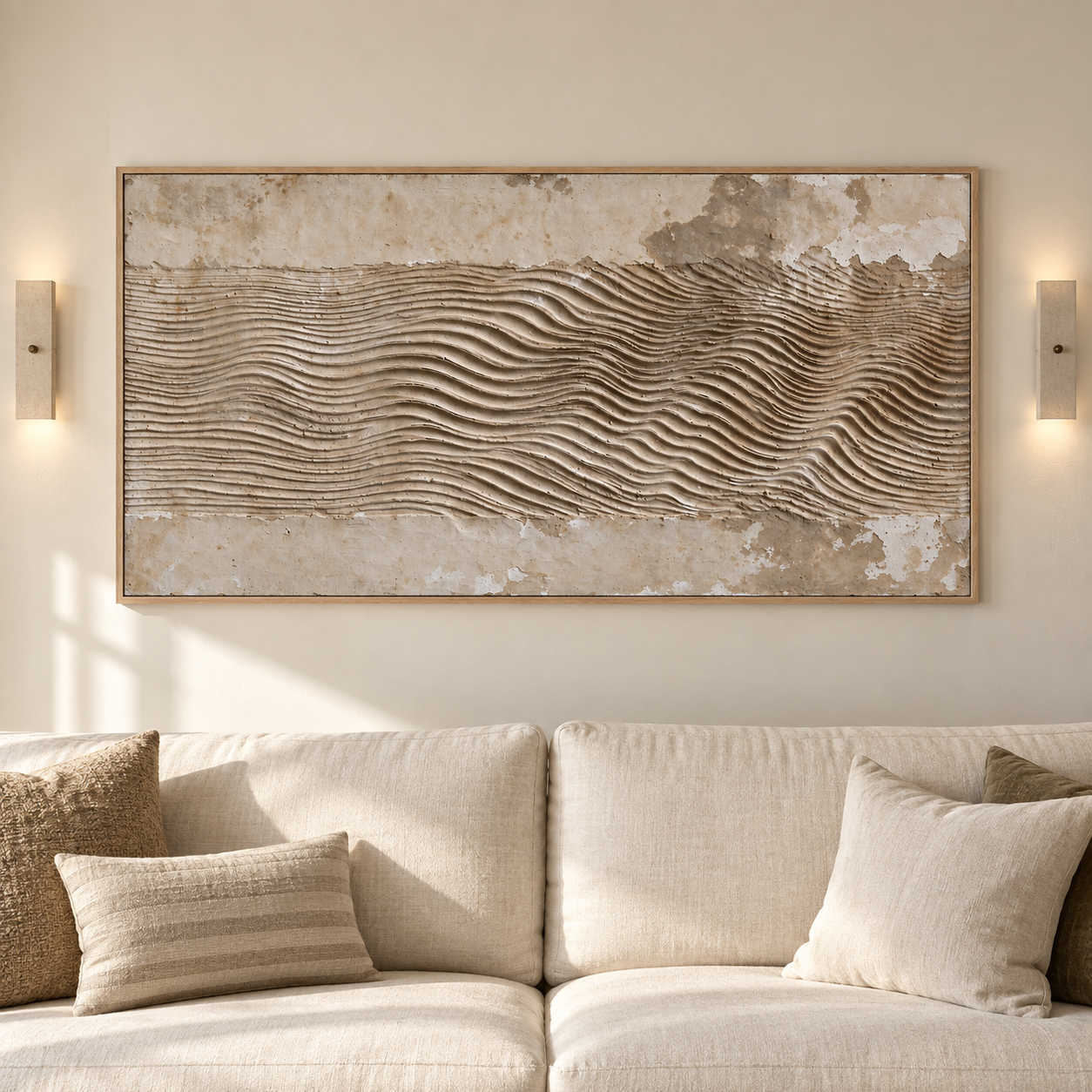 Fine undulating sand-colored lines across a mottled ivory horizontal field, shown in a room setting