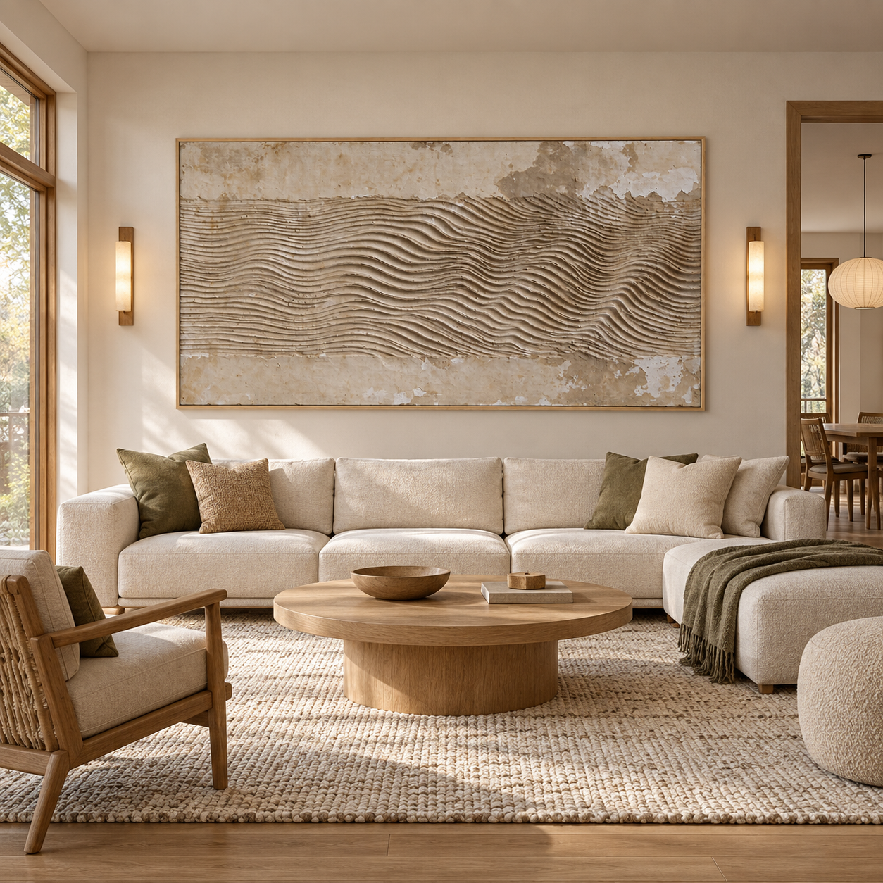 Fine undulating sand-colored lines across a mottled ivory horizontal field, shown in a room setting