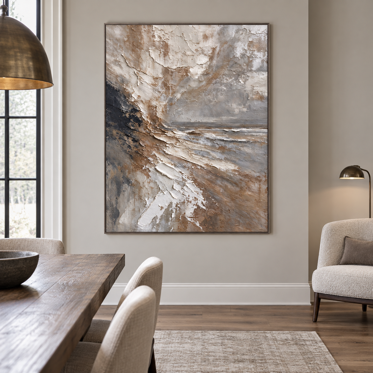 Sweeping ivory and warm brown layers extending from dark slate toward a gray horizon, shown in a room setting