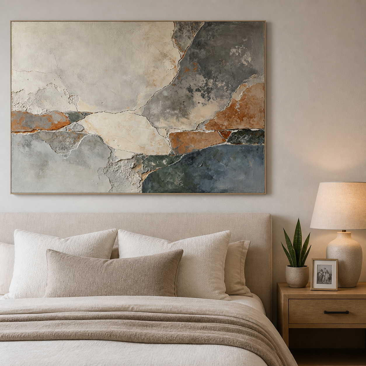 Slate blue, charcoal, ivory, and rust irregular layers with fine branching seams, shown in a room setting