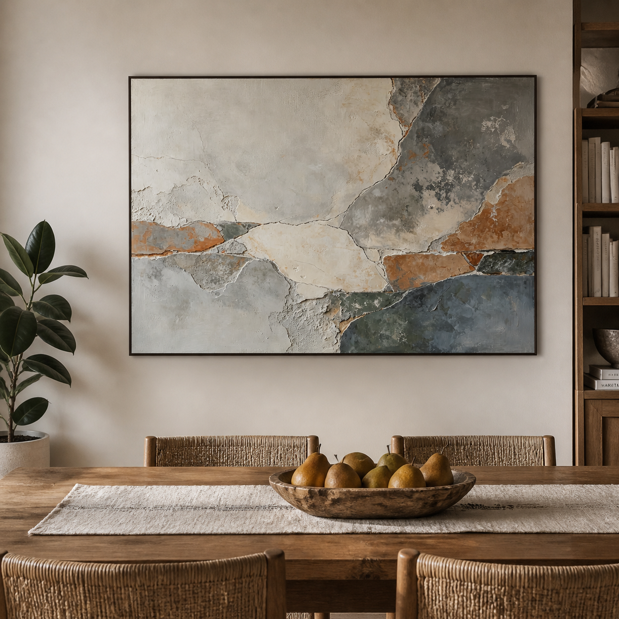 Slate blue, charcoal, ivory, and rust irregular layers with fine branching seams, shown in a room setting
