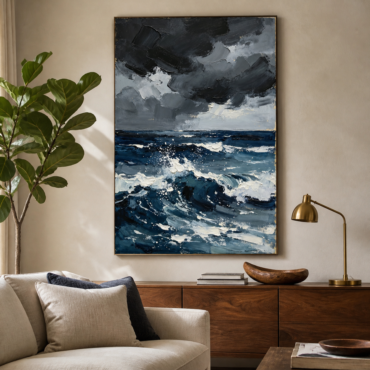 Dark storm clouds above navy ocean waves with white foam, shown in a room setting