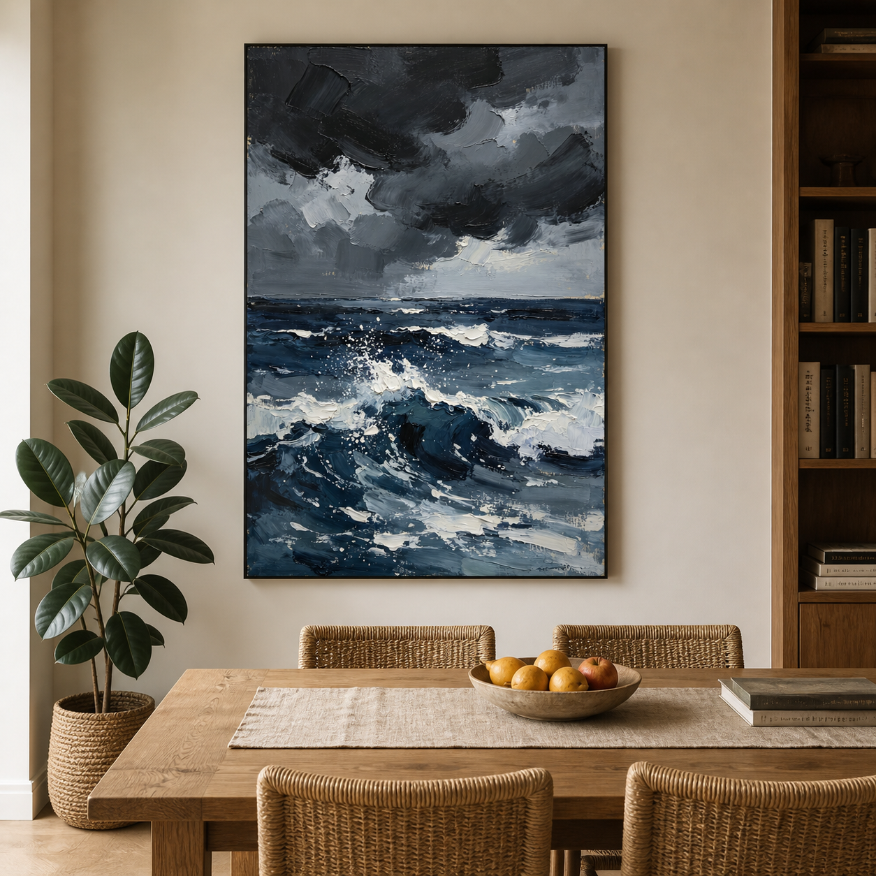 Dark storm clouds above navy ocean waves with white foam, shown in a room setting