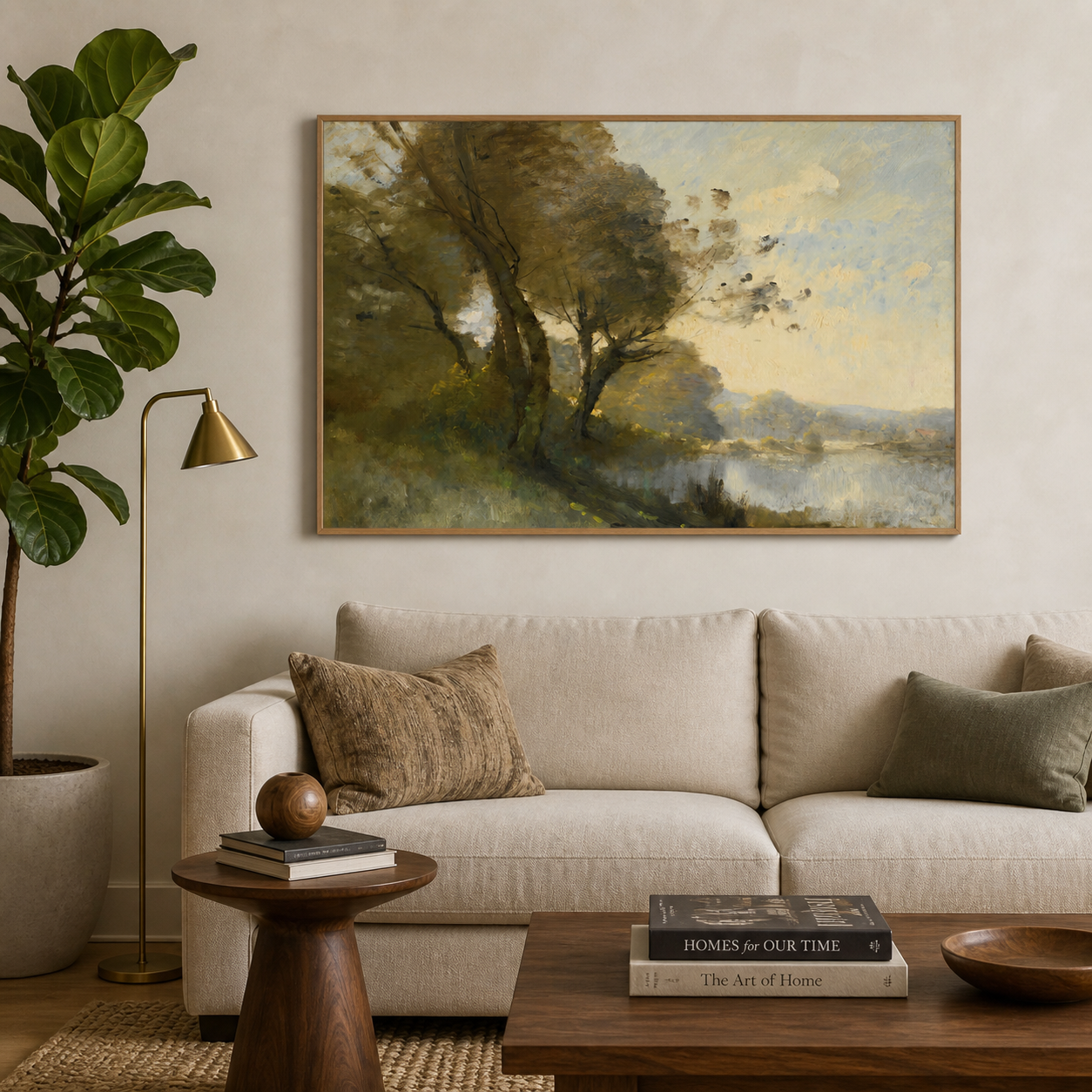 Olive green trees leaning over a quiet lake beneath a pale blue and cream sky, shown in a room setting