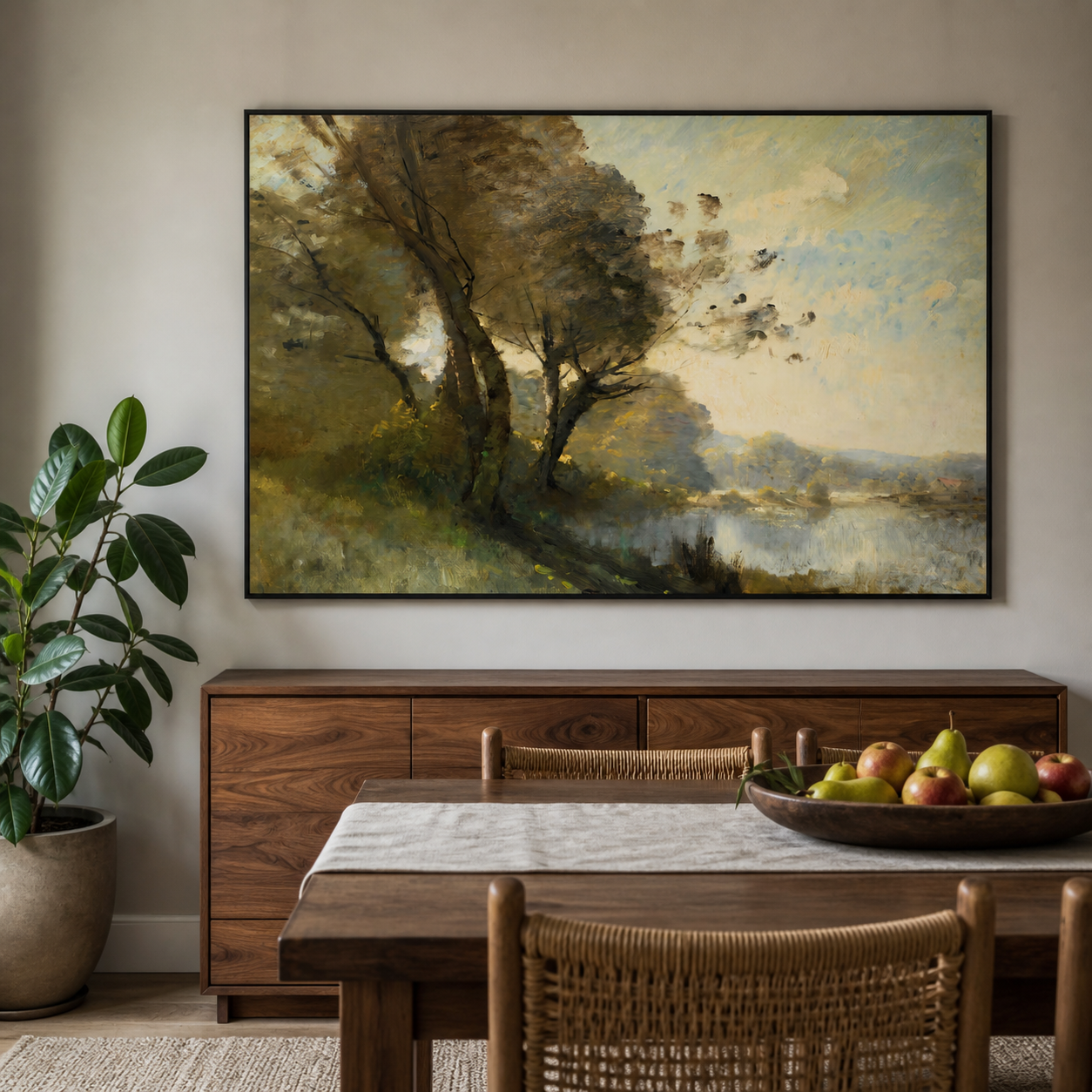 Olive green trees leaning over a quiet lake beneath a pale blue and cream sky, shown in a room setting