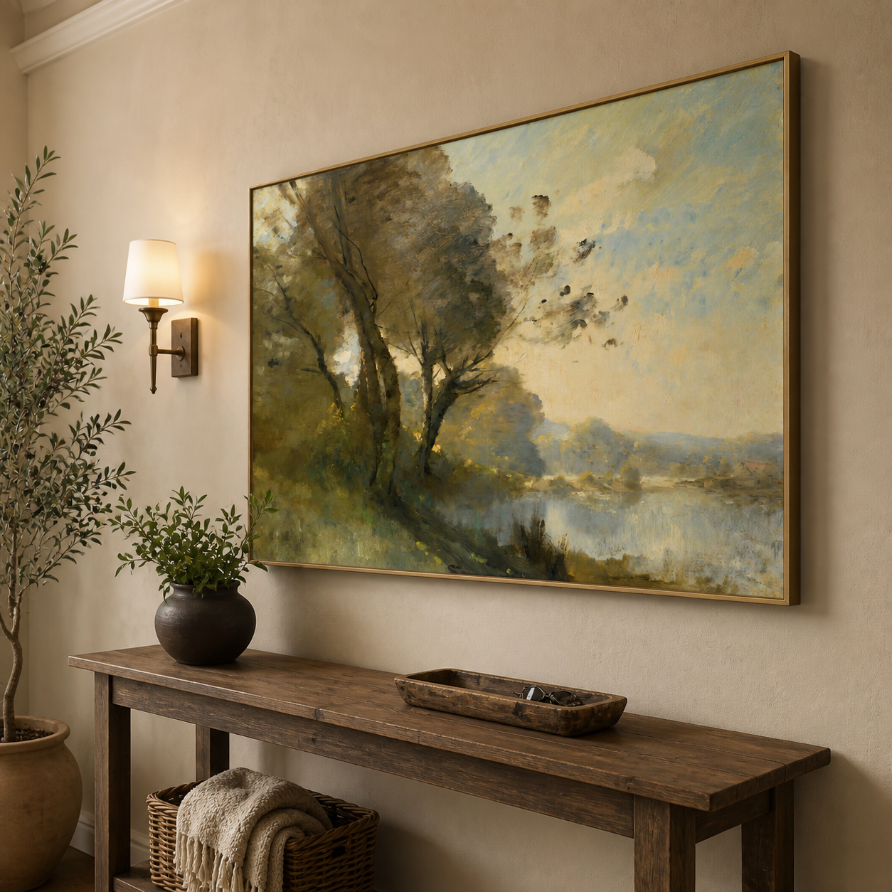 Olive green trees leaning over a quiet lake beneath a pale blue and cream sky, shown in a room setting