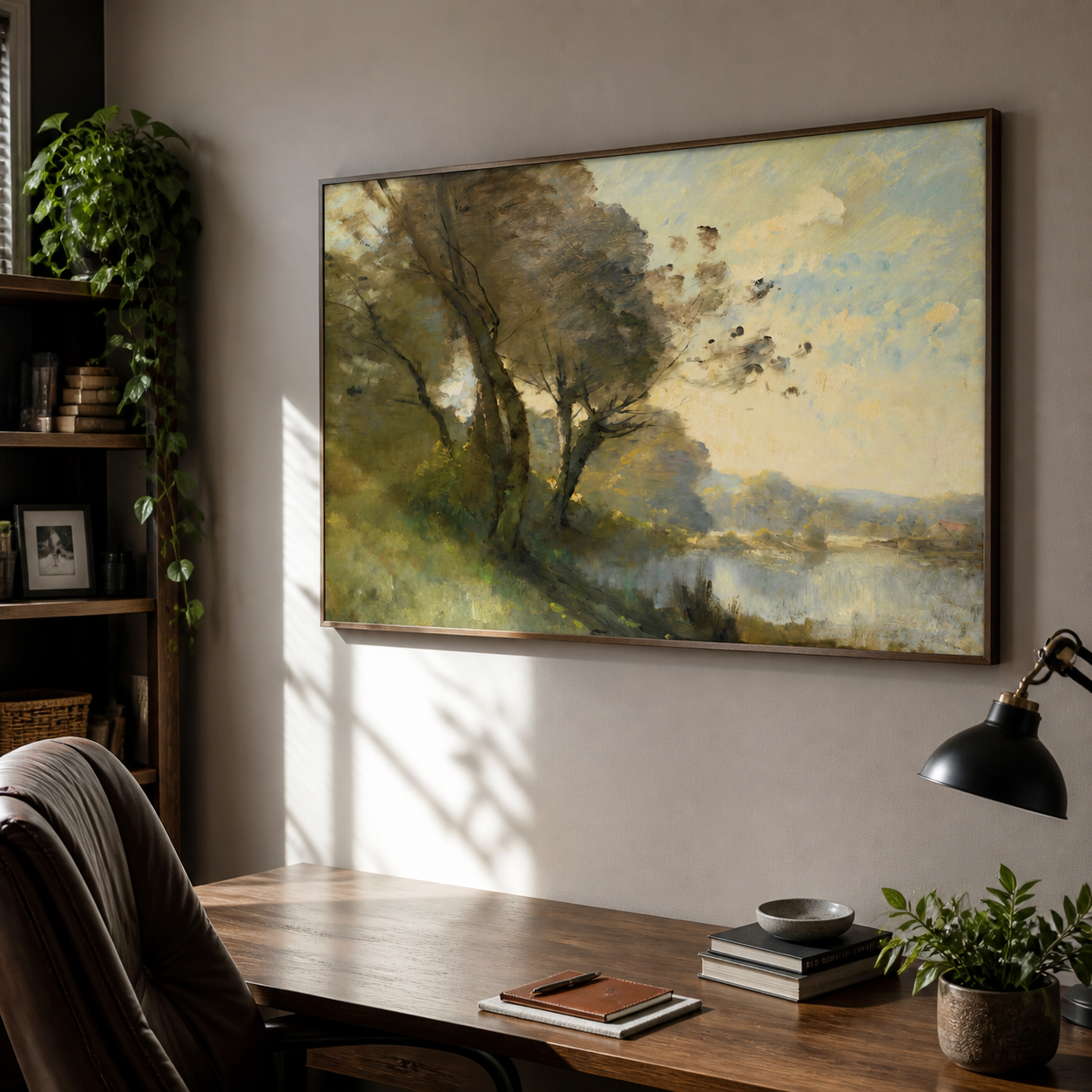 Olive green trees leaning over a quiet lake beneath a pale blue and cream sky, shown in a room setting