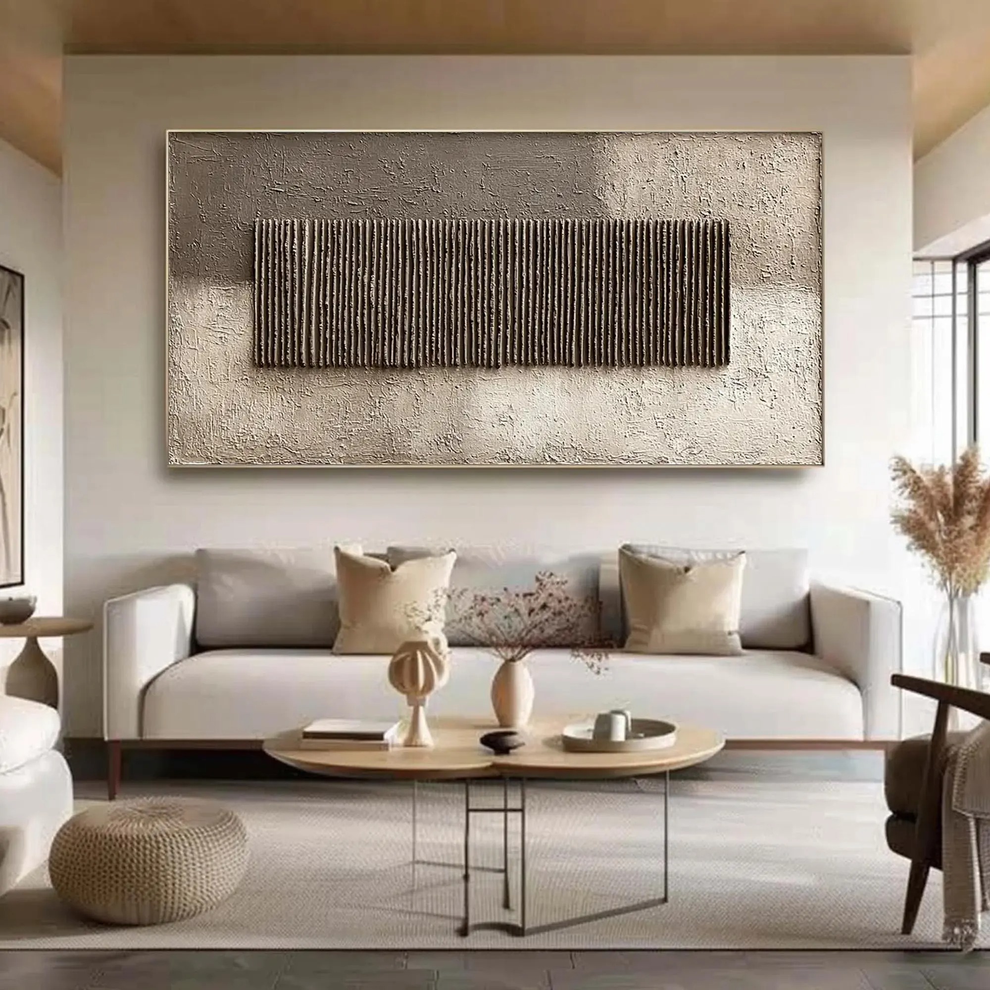 Long charcoal rectangle of fine vertical lines on a taupe and ivory background, shown in a room setting