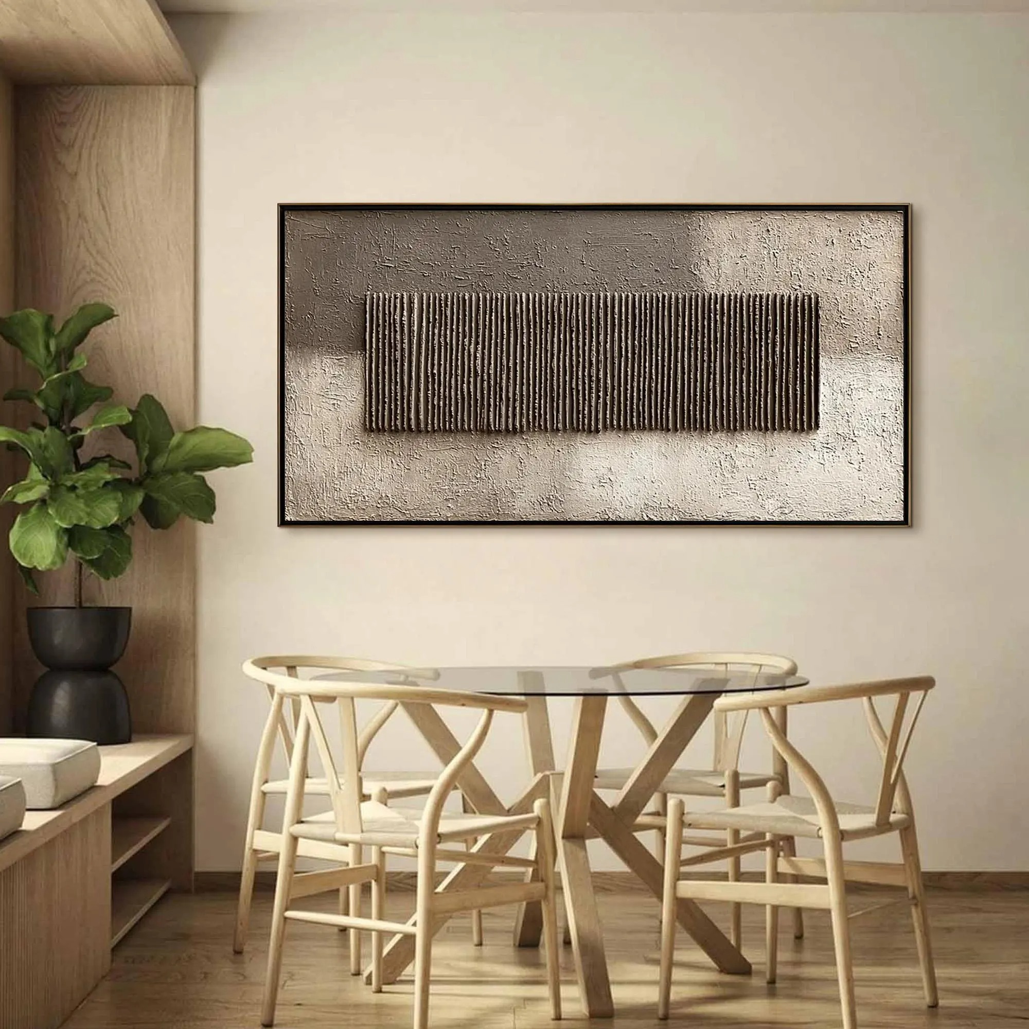 Long charcoal rectangle of fine vertical lines on a taupe and ivory background, shown in a room setting