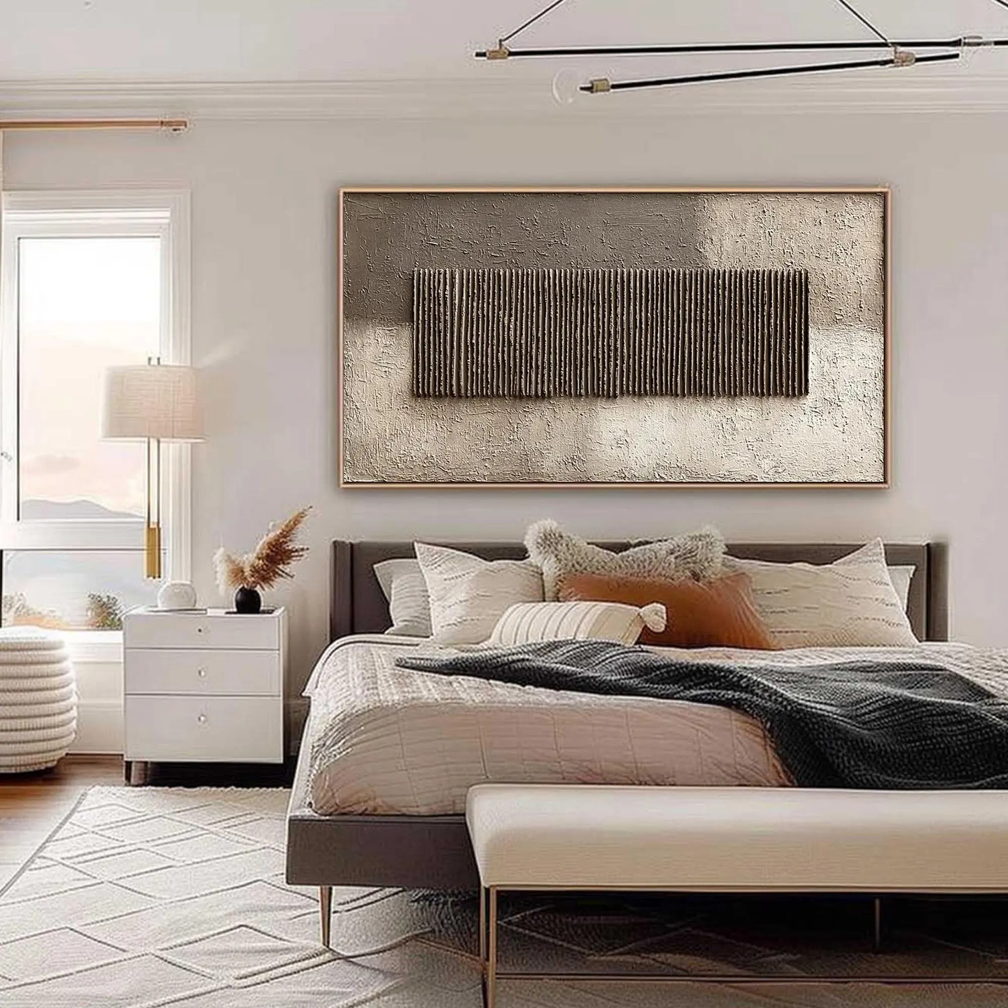 Long charcoal rectangle of fine vertical lines on a taupe and ivory background, shown in a room setting