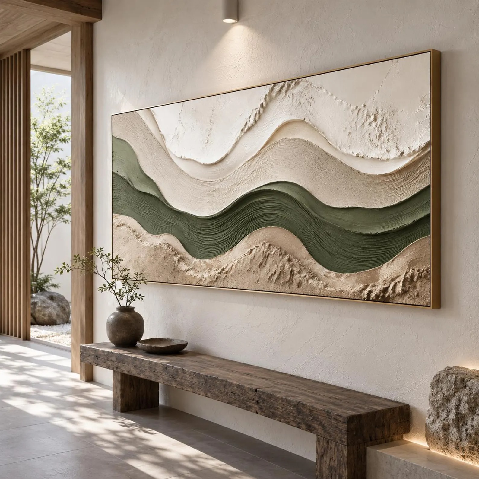 Long undulating olive and sage green bands bordered by cream and sandy beige, displayed in a room setting