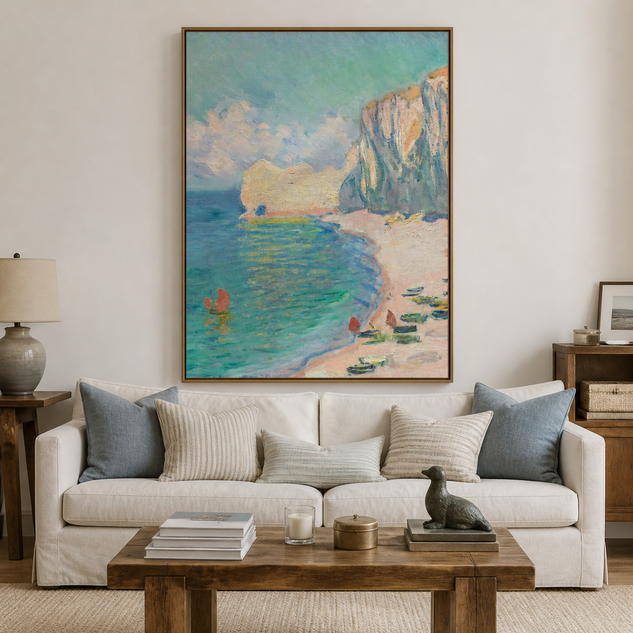 Turquoise cove with small boats, a pale peach beach, and tall sunlit coastal cliffs, shown in a room setting